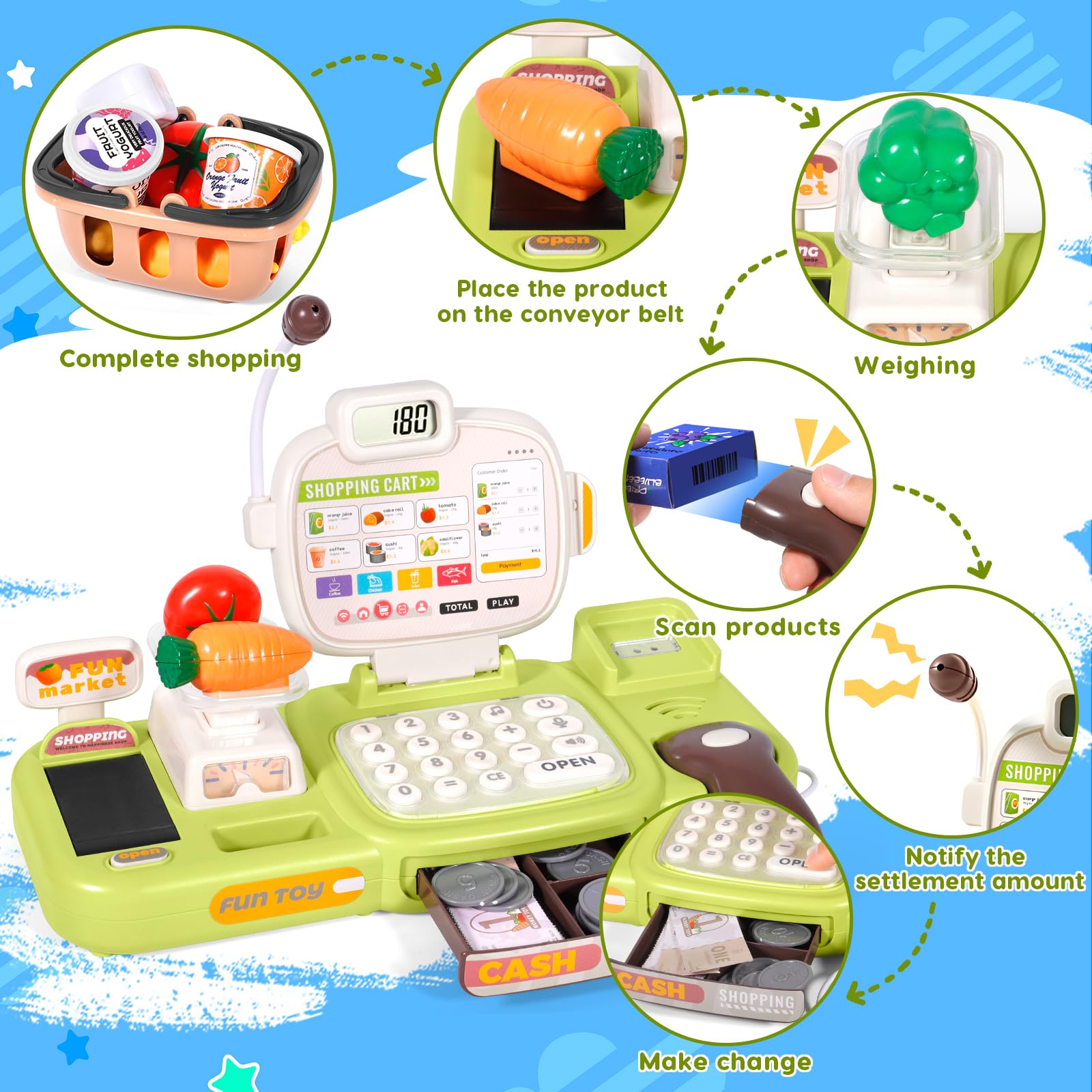 Jouets Caisse enregistreuse pour Enfants, 77 Accessoires, Cashier Cosplay Jouets avec Vraie Calculatrice Scanner Son et Lumière, Jouet Supermarché Jeu de Rôle pour Garçon Fille de 3+ Ans