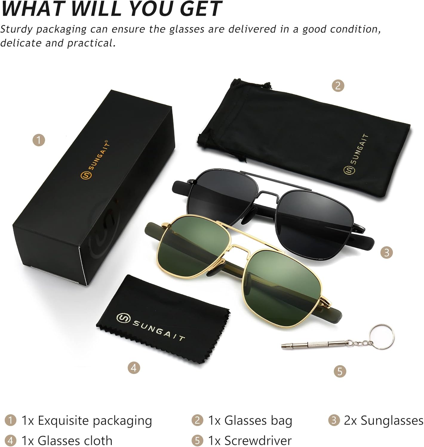 SUNGAIT Men's Military Style Polarized Pilot Aviator Sunglasses Bayonet Temples - Image 6