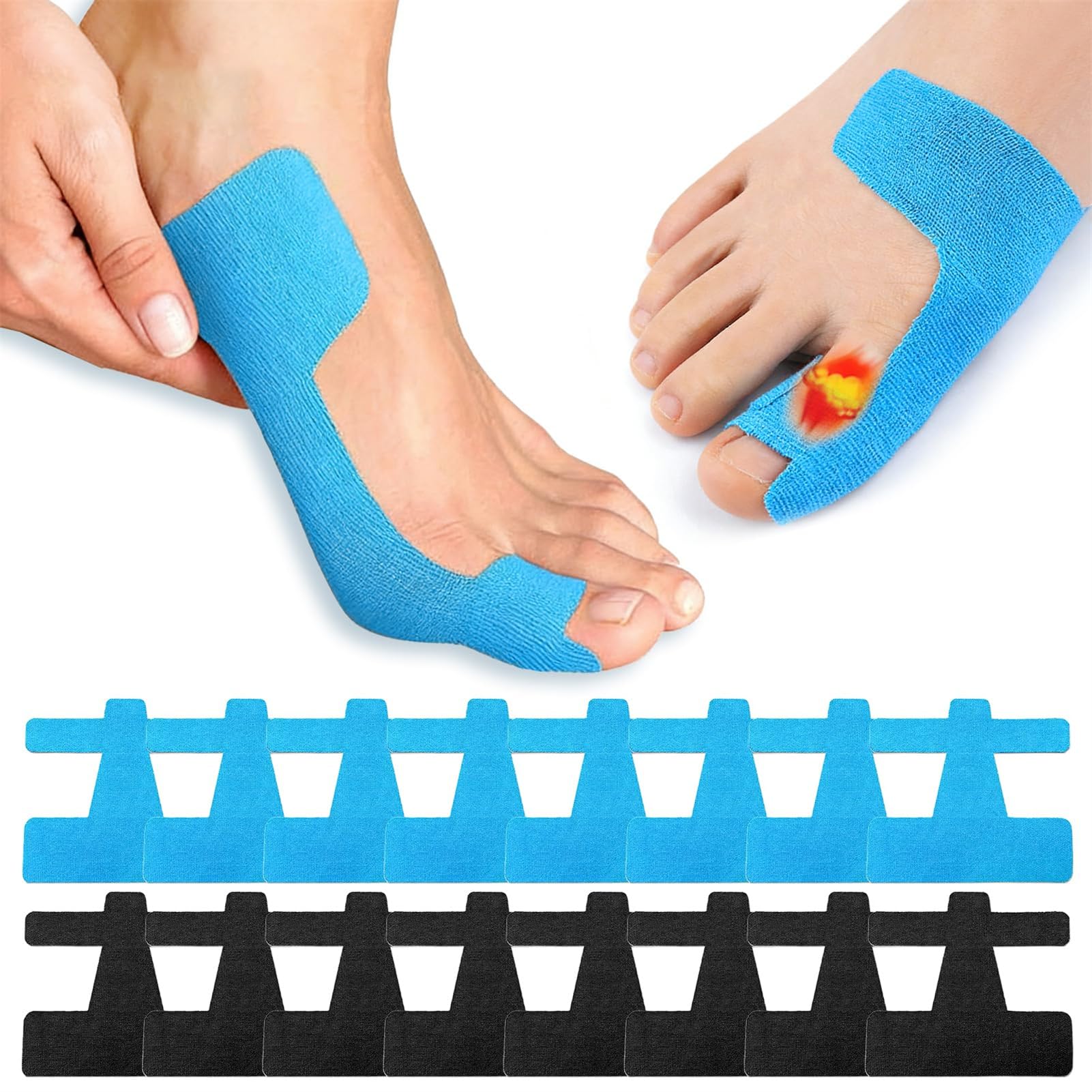 50 Piezas Cinta Kinesiológica para Hallux Valgus, Precortadas Vendaje Precortado para Hallux Valgus, para Dedos y Pies Mujeres y Hombres, Suave, Transpirable y Delicada (Negro y Azul)