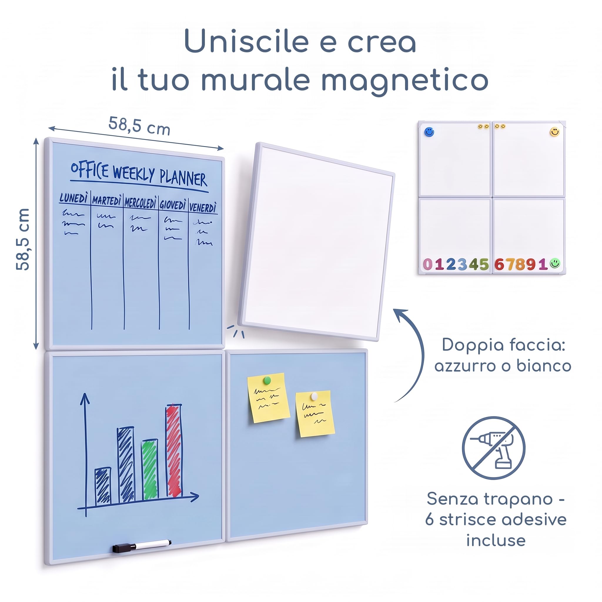Lavagna Magnetica da Parete per Calamite Grande 58,5 x 58,5 cm, Doppia Faccia Bianca e Azzurra, Lavagna Cancellabile Adesiva senza Cornice né Fori, Bacheca per Frigo, Cucina, Casa, Bambini e Ufficio
