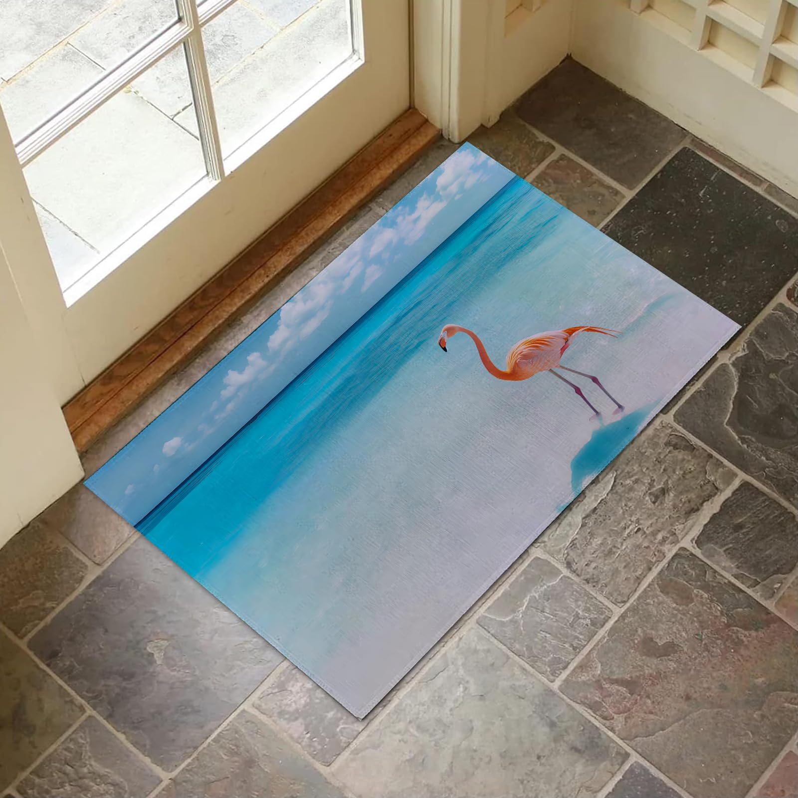 VANZEV Flamingo Beach Indoor Door Mat for Entryway, 17x29.5 Inch, Tropical Seaside Scene Floor Doormat for Home Decor, Non-Slip Rug Mat for Living