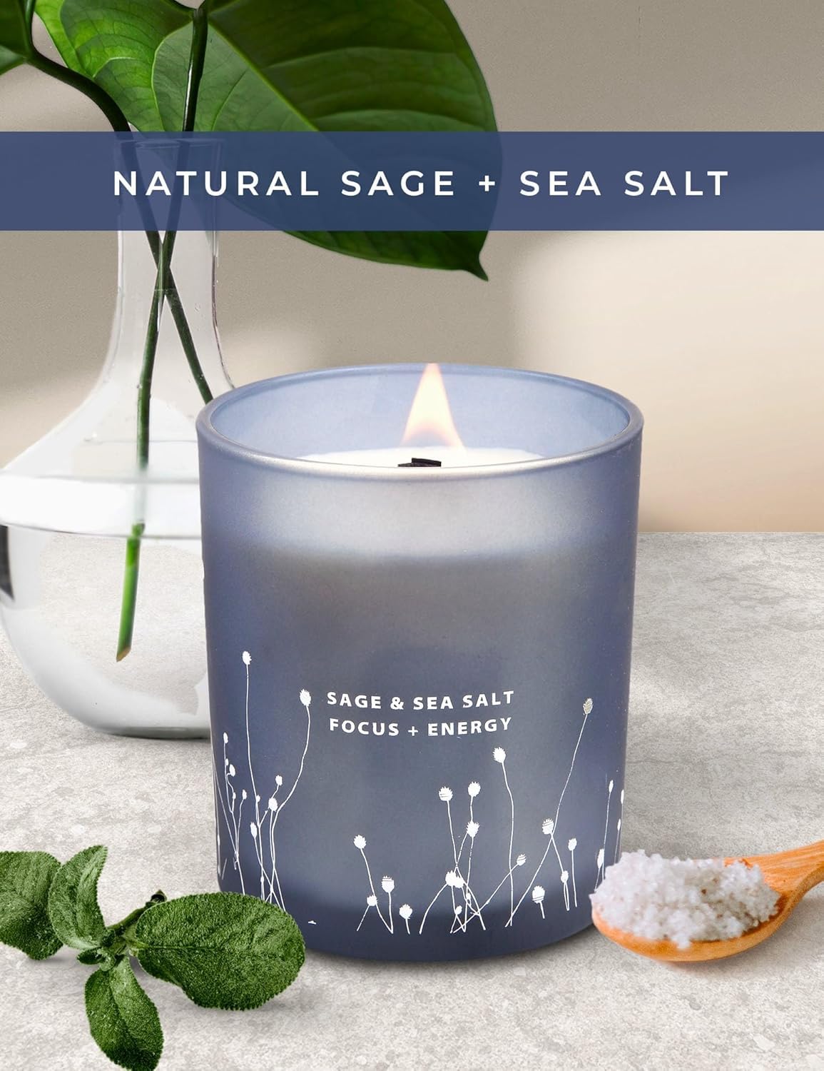 Vela perfumada de sal marina de salvia con mecha de madera de 10.6 onzas | Velas perfumadas de soja natural para el hogar | Vela de limpieza energética de salvia blanca para concentrarse | Velas de 7