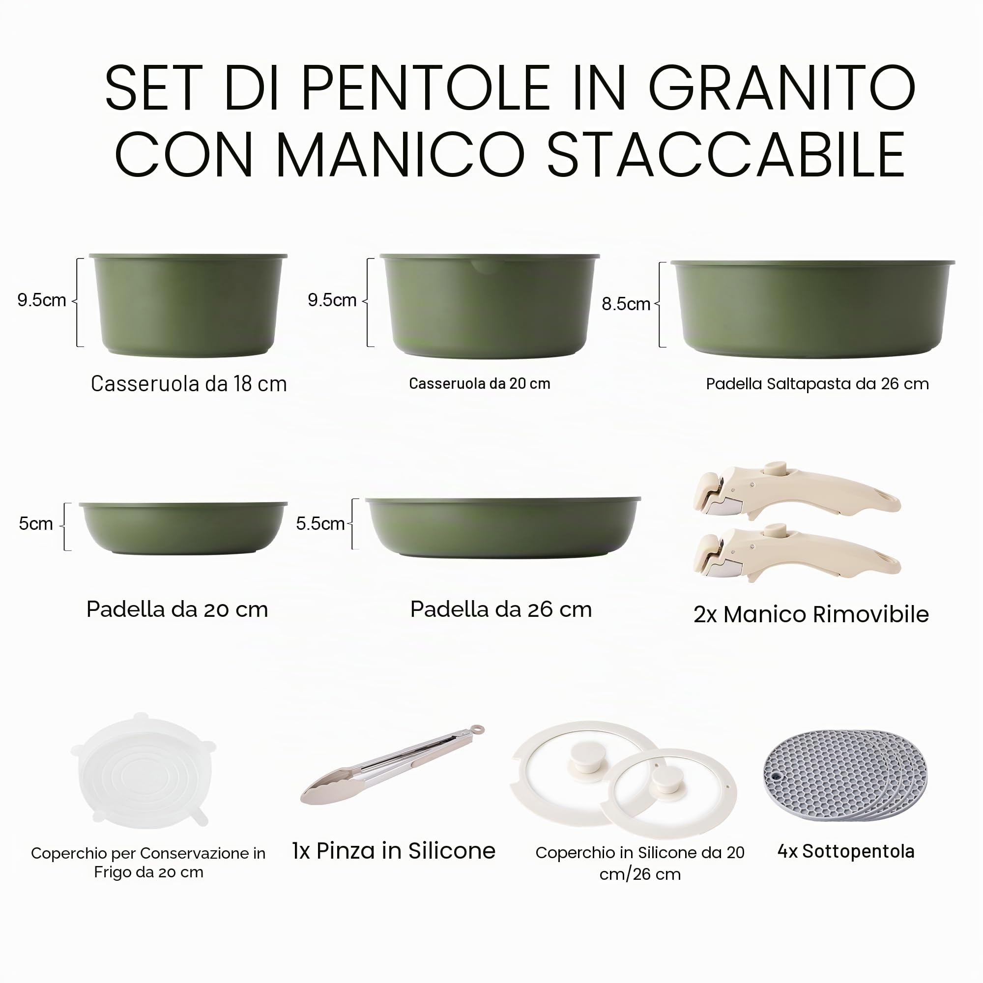 RIOVARM Induzione Set di pentole e padelle con manici staccabili, Impilabile Antiaderente In granito Set di pentole con coperchi, Salvaspazio Set di utensili da cucina Senza PFOA, Padella, Casseruole
