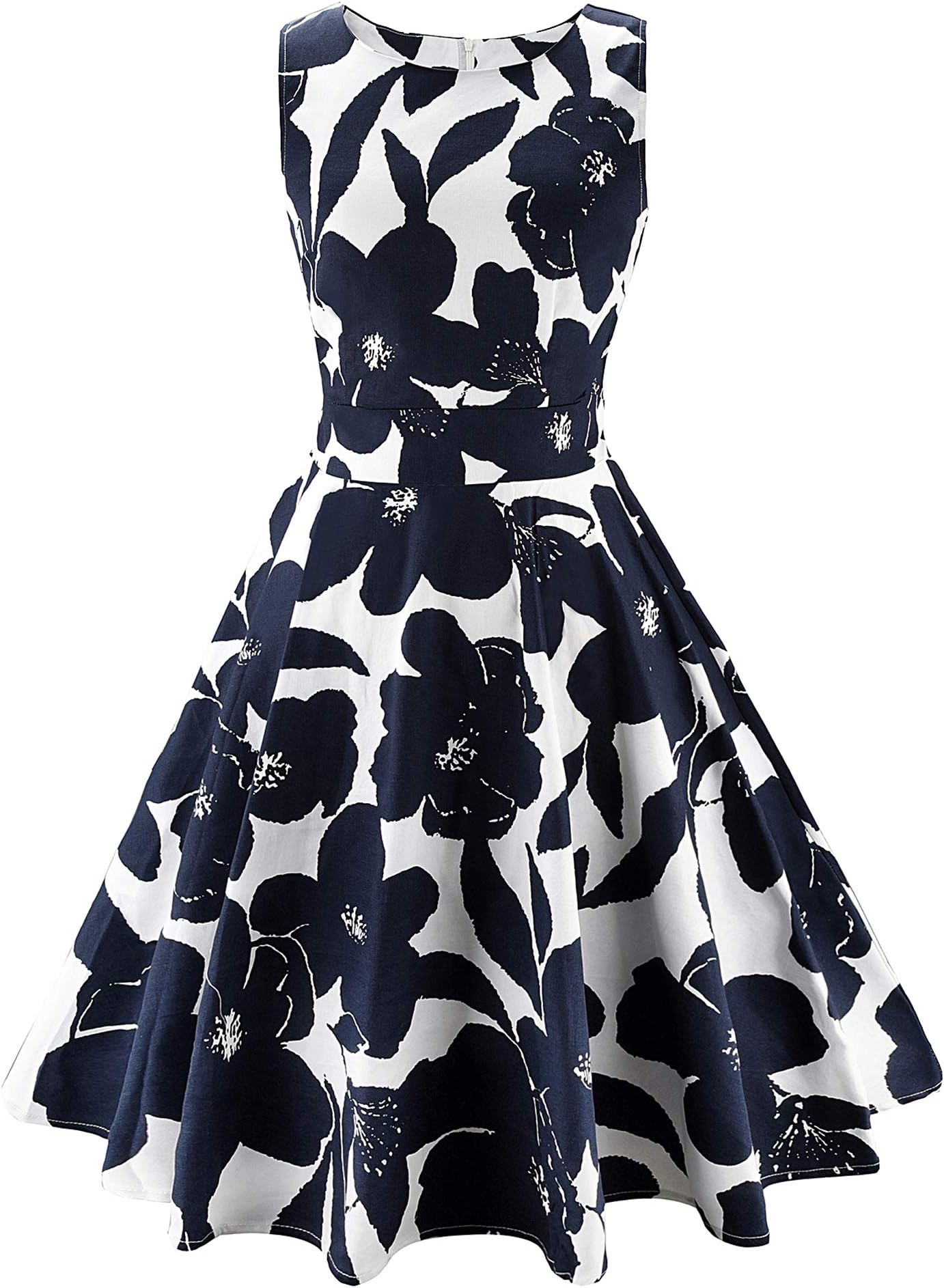 ARANEE Vintage Classy Floral Sleeveless Party Picnic Party Cocktail Dress,Small,02-navyblue+white