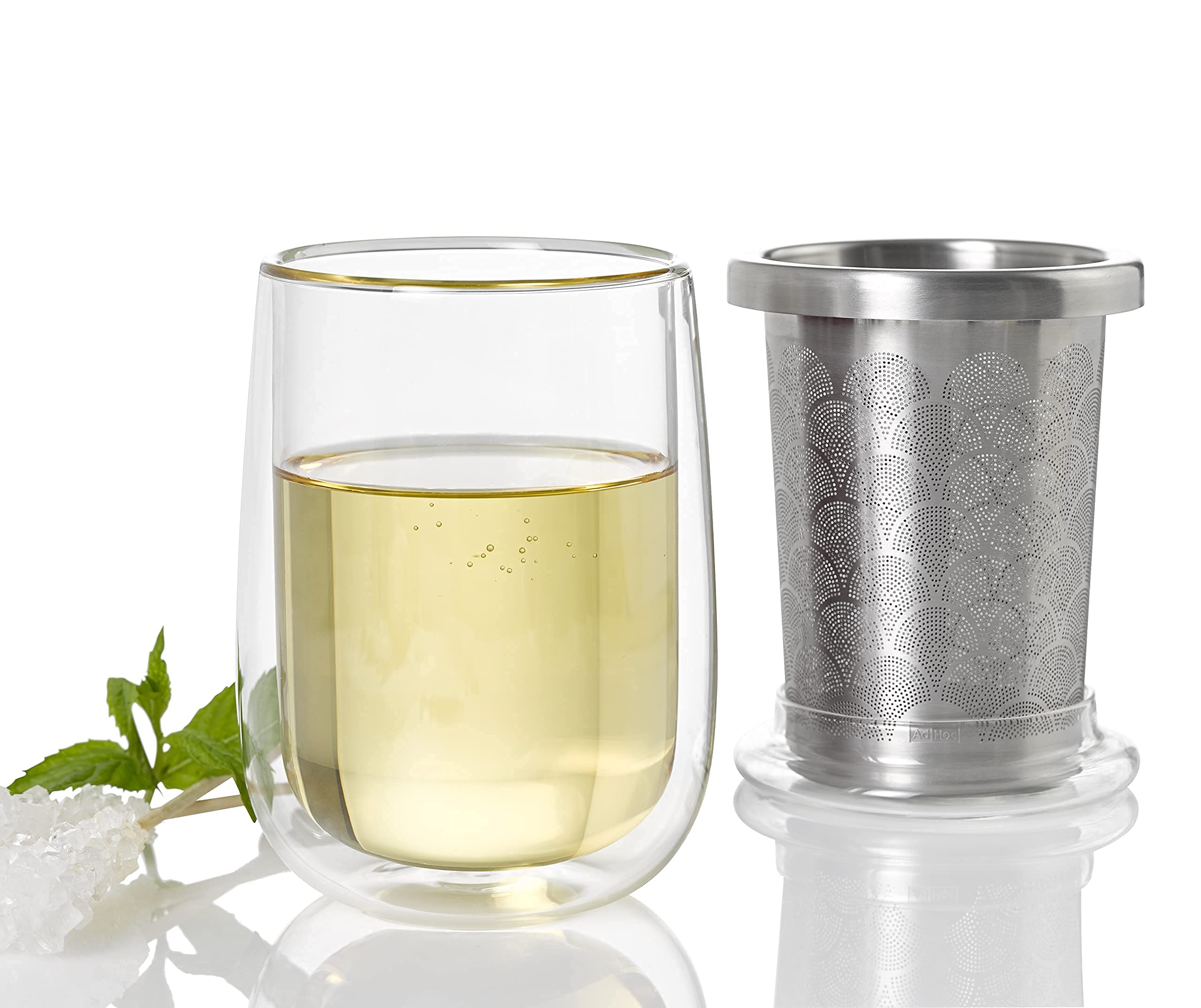 AdHoc Fusion Glass | Set 2x Teeglas und 2x Teefilter für losen Tee | 400ml Füllmenge, Borosilikatglas/Edelstahl