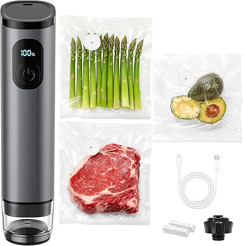 Premium Metal Handheld Vacuum Sealer, Vacuum Sealer for Food with Power Display & Detachable Tank, 60kPa Strong Suction, Includes 30 Reusable Bags &