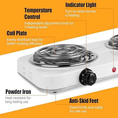 Miniatura 5 de Placa caliente doble, quemador portátil de encimera de 2000 W y estufa eléctrica, estufa de hierro fundido de 5 niveles de temperatura para hogar,