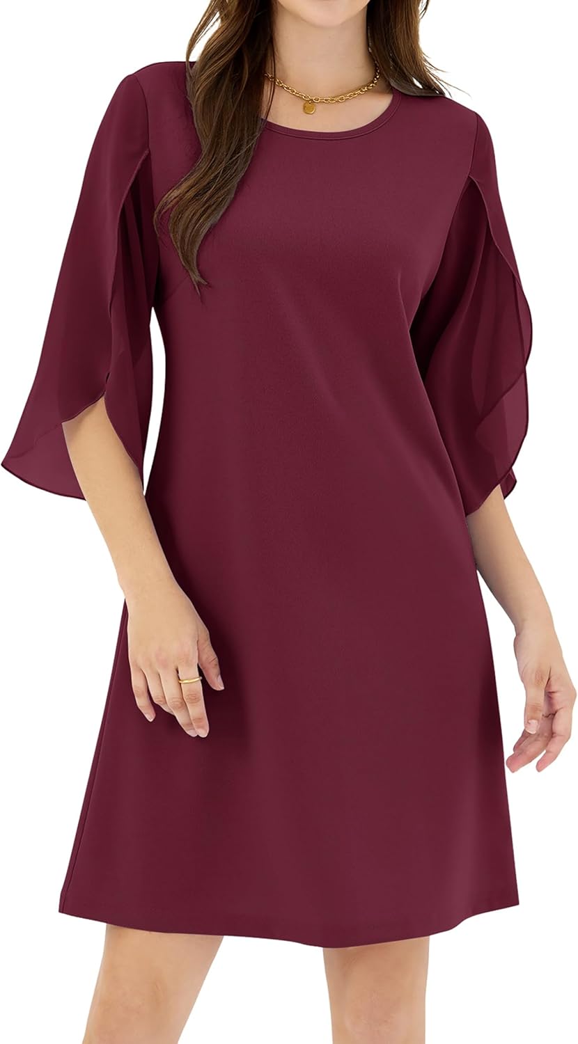 ZAFUL Women's 3/4 Flutter Chiffon Sleeve Cocktail Dress Crew Neck Formal Wedding Guest Dresses