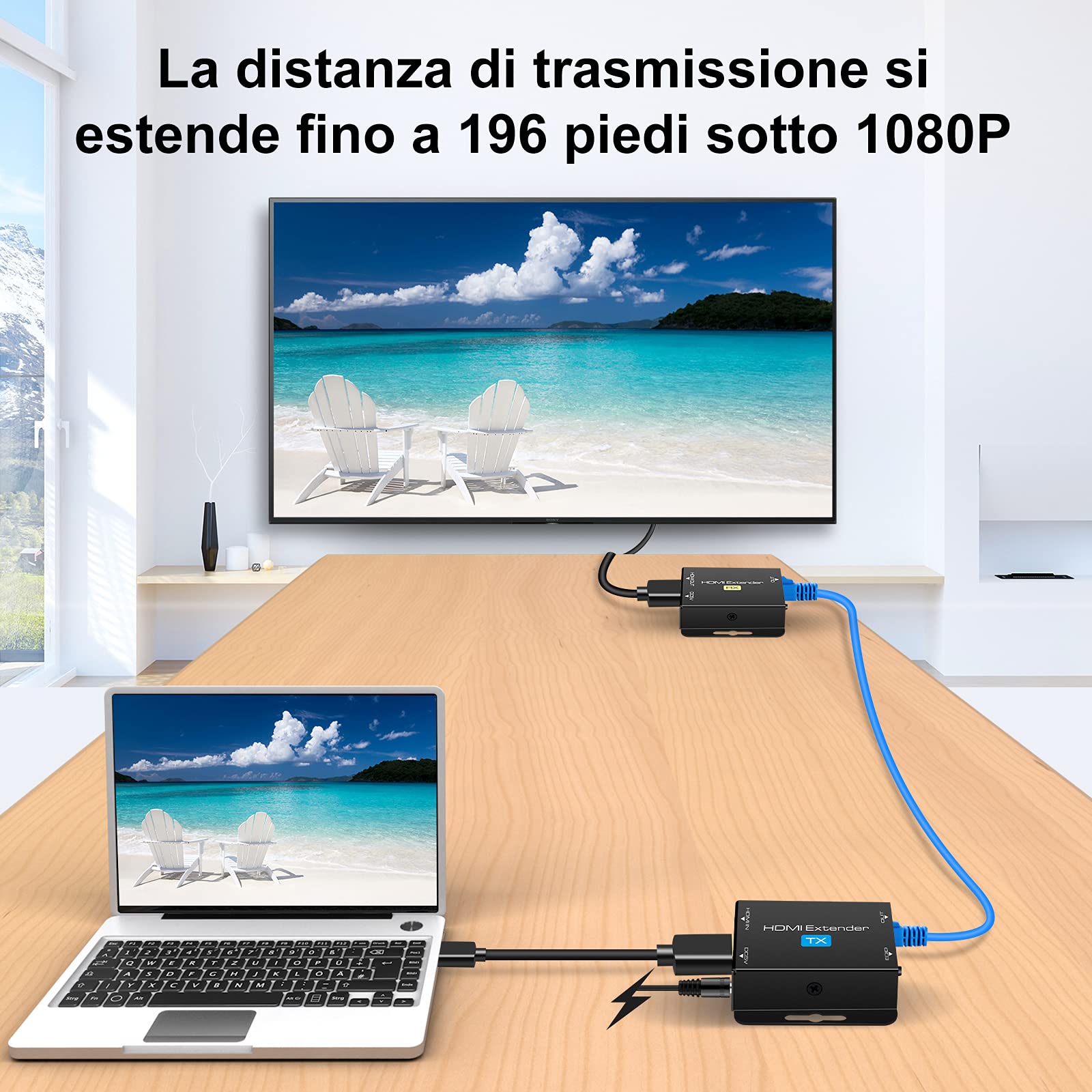 VEDINDUST HDMI Extender, Over Cat5e/6/7 Ethernet Trasmettitore HDMI Ricevitore Supporto Preimpostazioni EDID 1080p POC (Solo bisogno di alimentazione TX per lavoro) (1080P 50m POC)