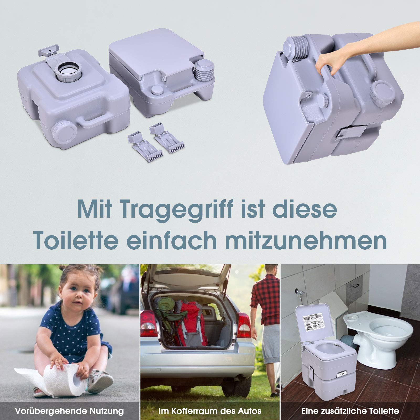 RELAX4LIFE Campingtoilette mobil, tragbare Toilette, mobiles WC Abnehmbarer Wassertank 20 L, Campingklo Bequeme Sitzhöhe 42 cm, Reisetoilette mit Pumpe, Outdoor WC für Reisen, Camping und Wohnmobil