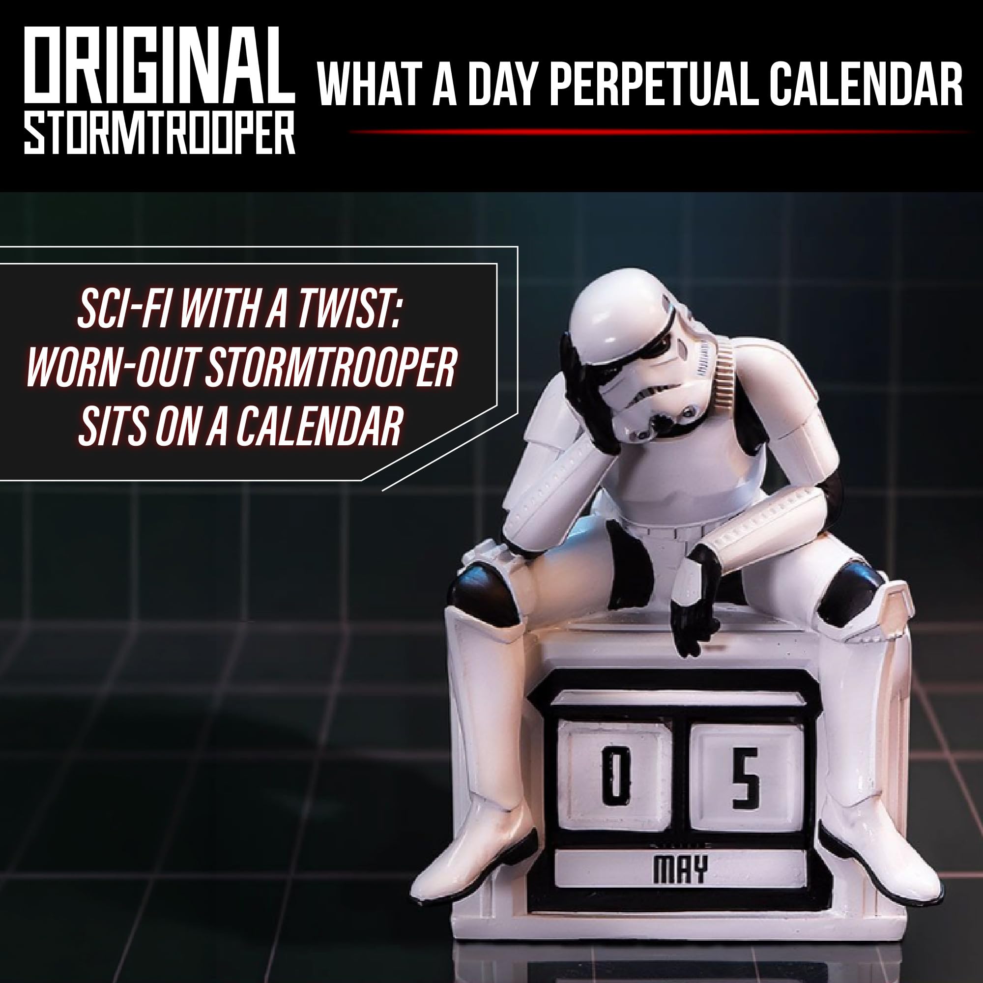 Nemesis Now Stormtrooper What a Day wieczny kalendarz 14 cm – Star Wars dekoracja biurkowa figurka z żywicy z blokami daty, zabawny kalendarz biurowy sci-fi