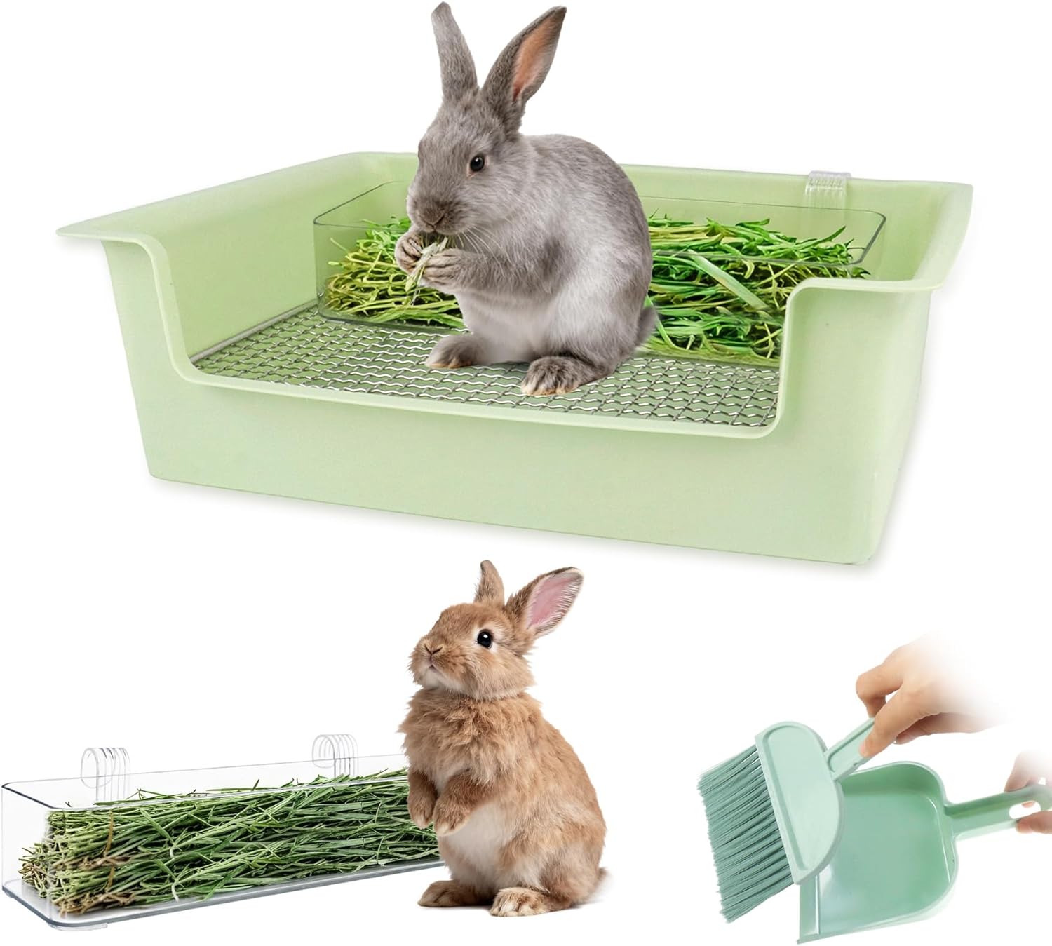 Rabbit Litter Box with Steel Grids, Low Entry Bunny Litter Pan with Hay Feeder & Broom, 15.4×11.2×4.7 inch for Rabbits Guinea Pigs Ferrets Small Animals (Green)
