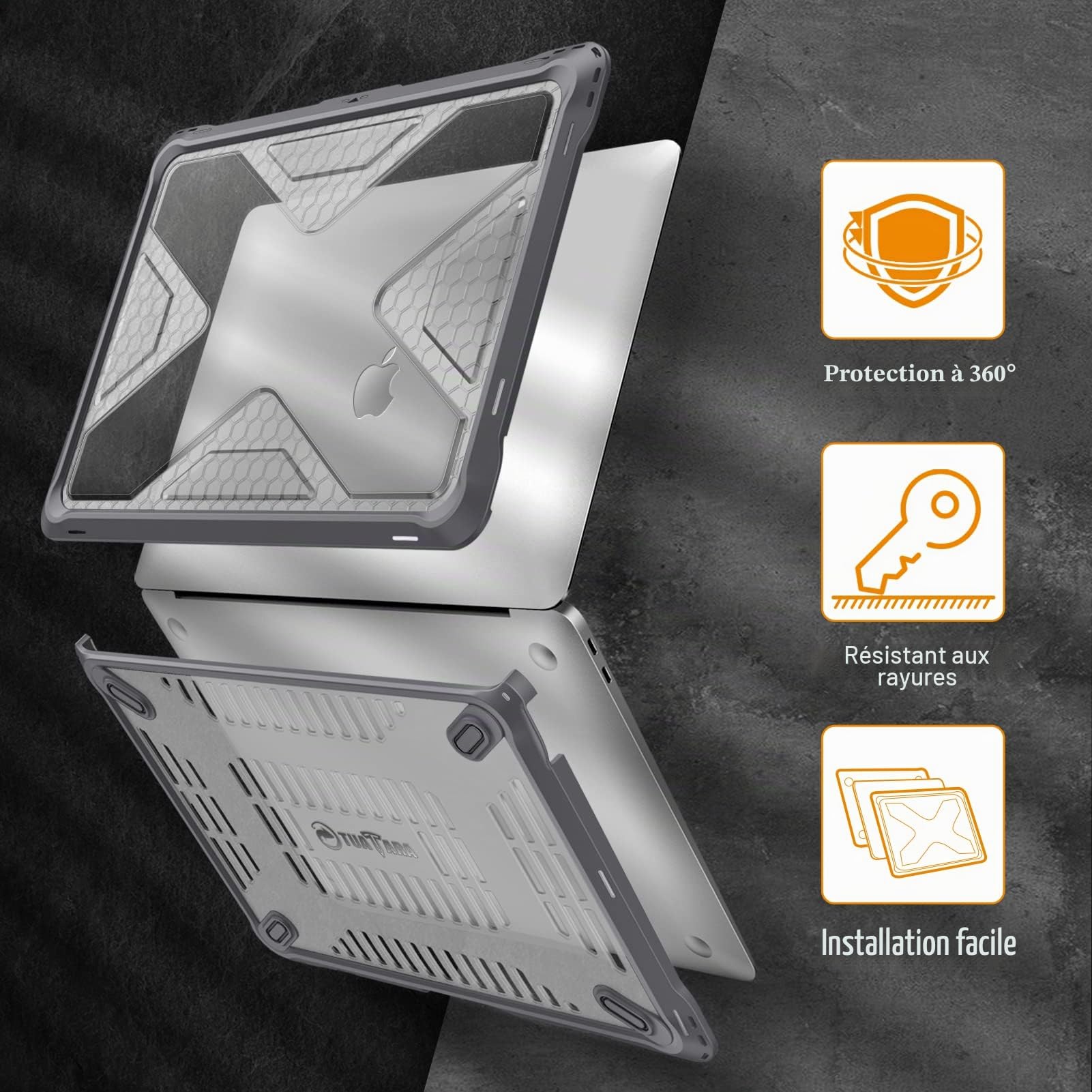 FINTIE Coque Compatible avec MacBook Air 13 2020 2019 2018, Modèles A2337 (M1) / A1932 / A2179, Etui Rigide Hybride Robuste Coque Transparente Antichoc en TPU Protection, Gris