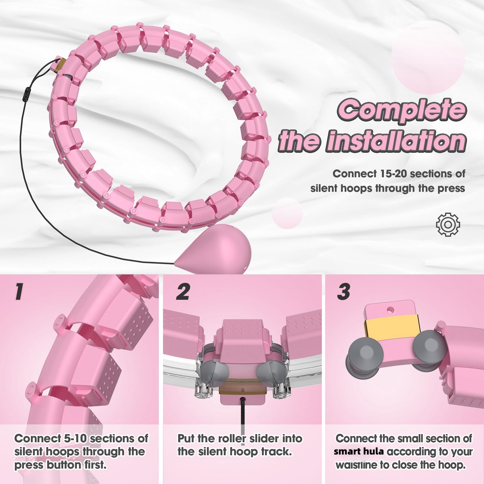 Smart Hoop Cerceau pour adulte avec boule de poids, ultra silencieux, pour perdre du poids, avec 32 segments amovibles, cerceau pour perdre du poids, tour de taille maximum 165 cm (rose)