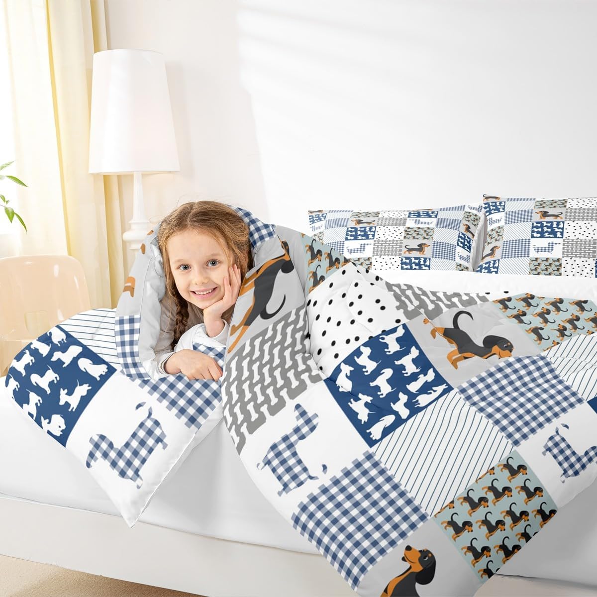 Feelyou Cartoon Dachshund Bedding Set Cute Puppy Dog Comforter Set Geometric Plaid Sausage Dog Comforter for Boys Girls Children Teens Dog Animal Blue Duvet Set Full Size Quilt Set
