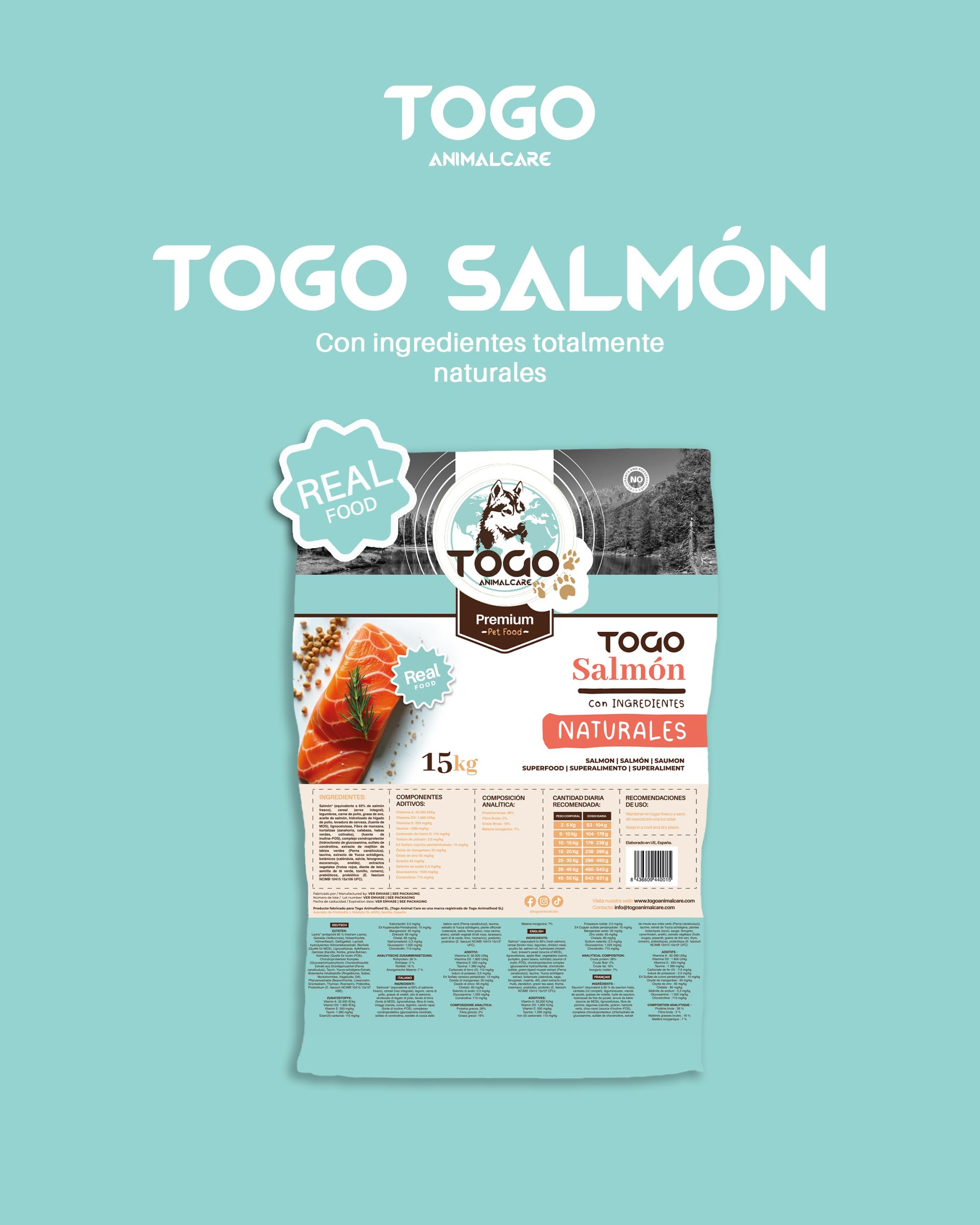 Pienso Premium Togo para Perros Jovenes y Adultos con Salmón Fresco 65% – Sin Gluten, Omega 3 y 6