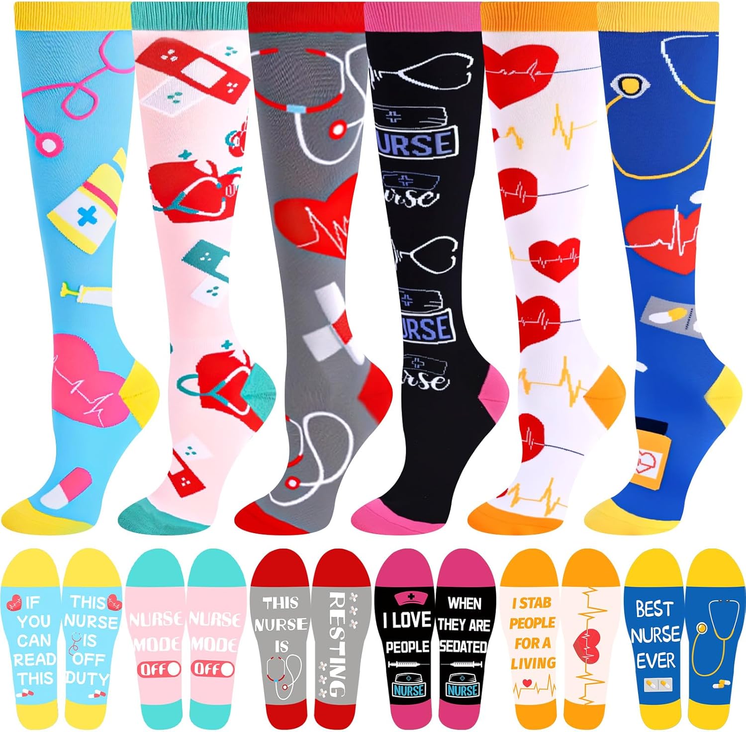 6 Pairs Nurses Socks for Women Nurses Week Gifts Bulk Funny Novelty Long Socks Nursing Compression Sock for Nurse Doctor Medical Gifts