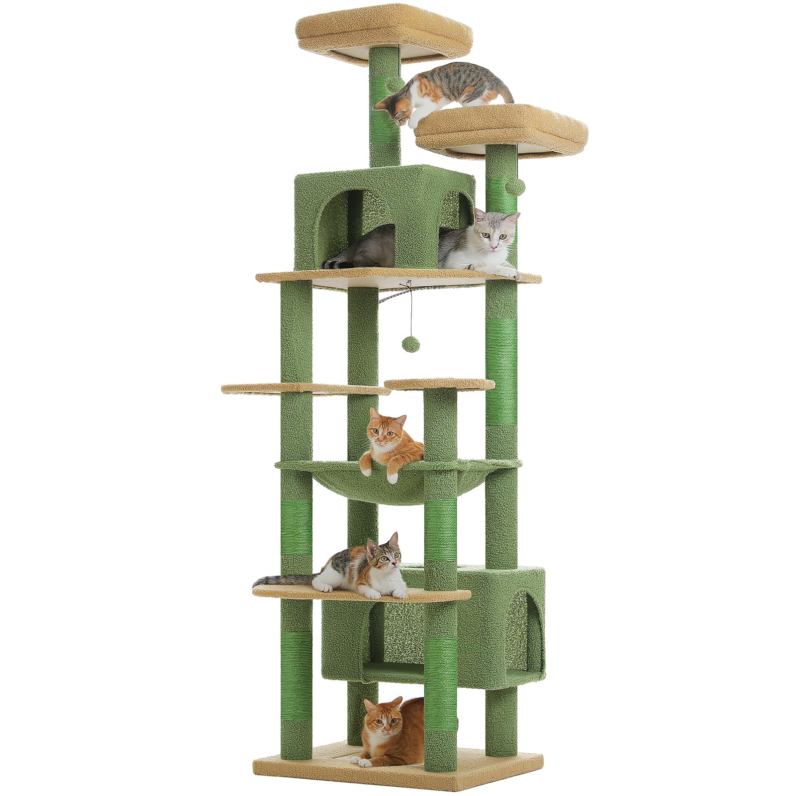 PAWZ Road Heavy Duty Cat Tree for Large Cats, 81 Inches Tall Cat Tower with 2 Perches, 2 Condos and Spacious Hammock, Large Condo with 7 Scratching Posts for 20lb+ Adult Cats, 205cm Green XL