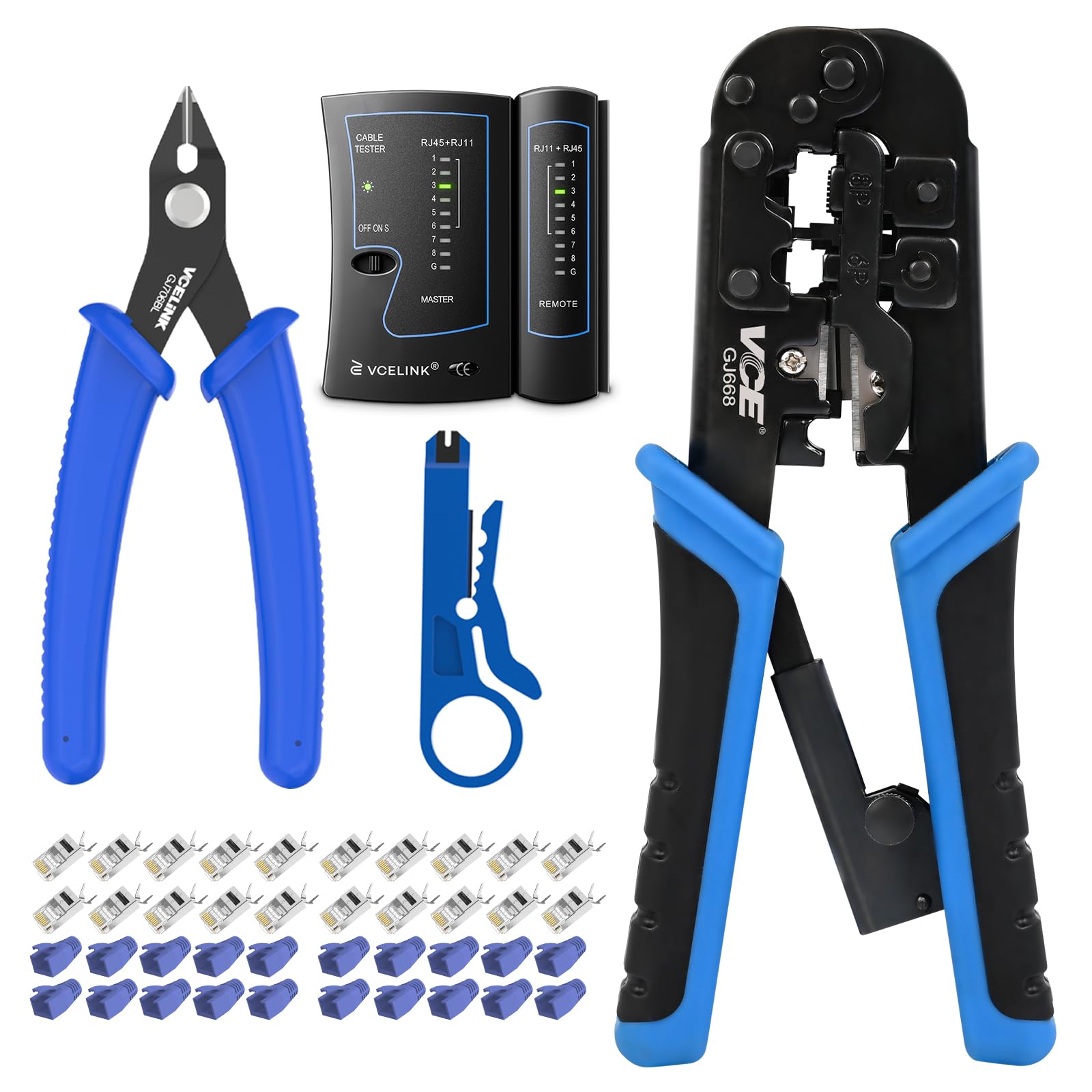 VCELINK Pinza crimpatrice RJ45 Ethernet con funzione di stripping e taglio, inclusi 20 connettori passacavi.
