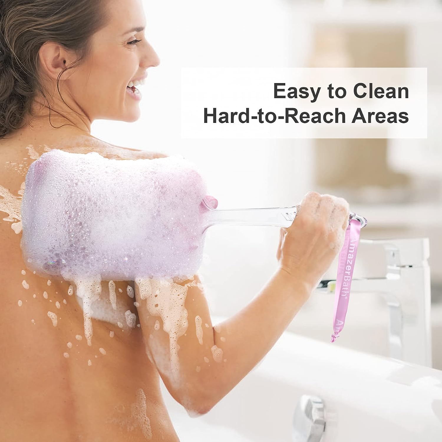 AmazerBath Loofah Back Scrubber Bath Sponge, Tighten Knot 75g Lufas Rich Lathers Loofahs Long Handled Shower Sponge for Women & Men, Pink