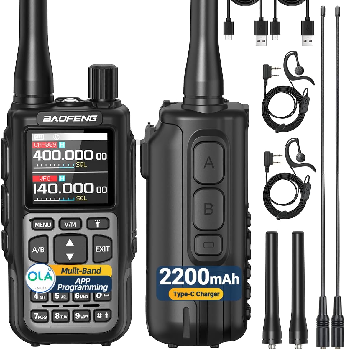 Baofeng Radio UV-5R Mini-5 Ham Radio Handheld Long Range Rechargeable UV5R MINI Dual PTT 2200mAh NOAA Emergency Radio Upgrade UV-5R,APP Programming,USB-C for Survival Gear Hunting Camping,2 Pack