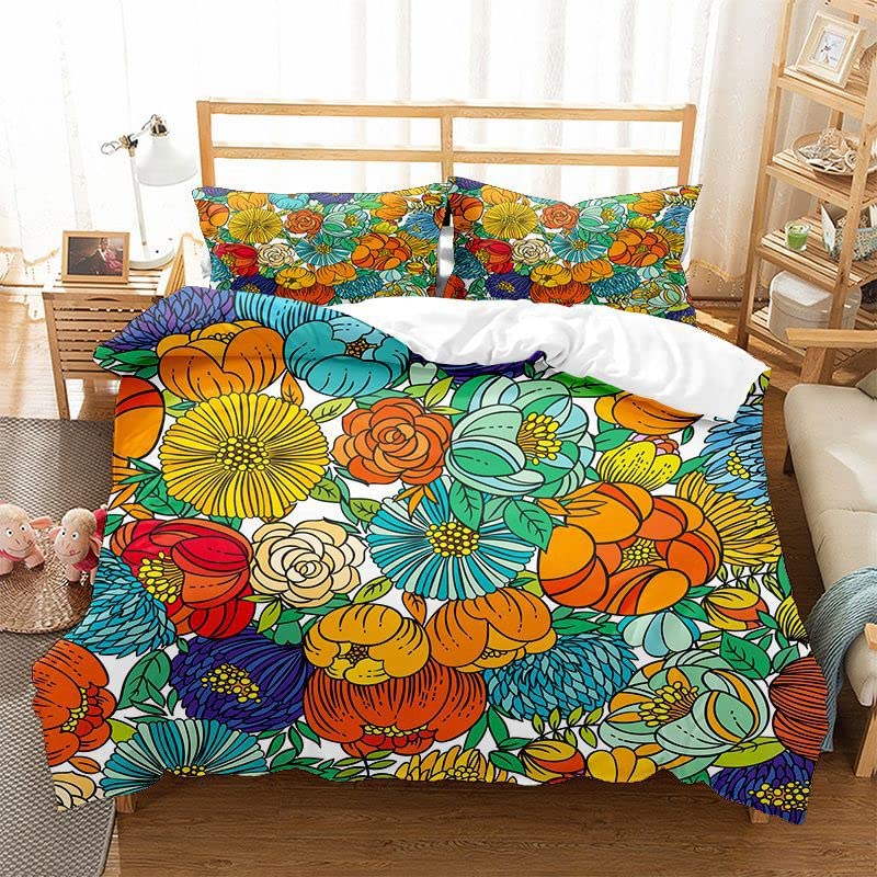 Housse de couette 140x200 parure de lit fleurs colorées impression 3D decoration chambre
