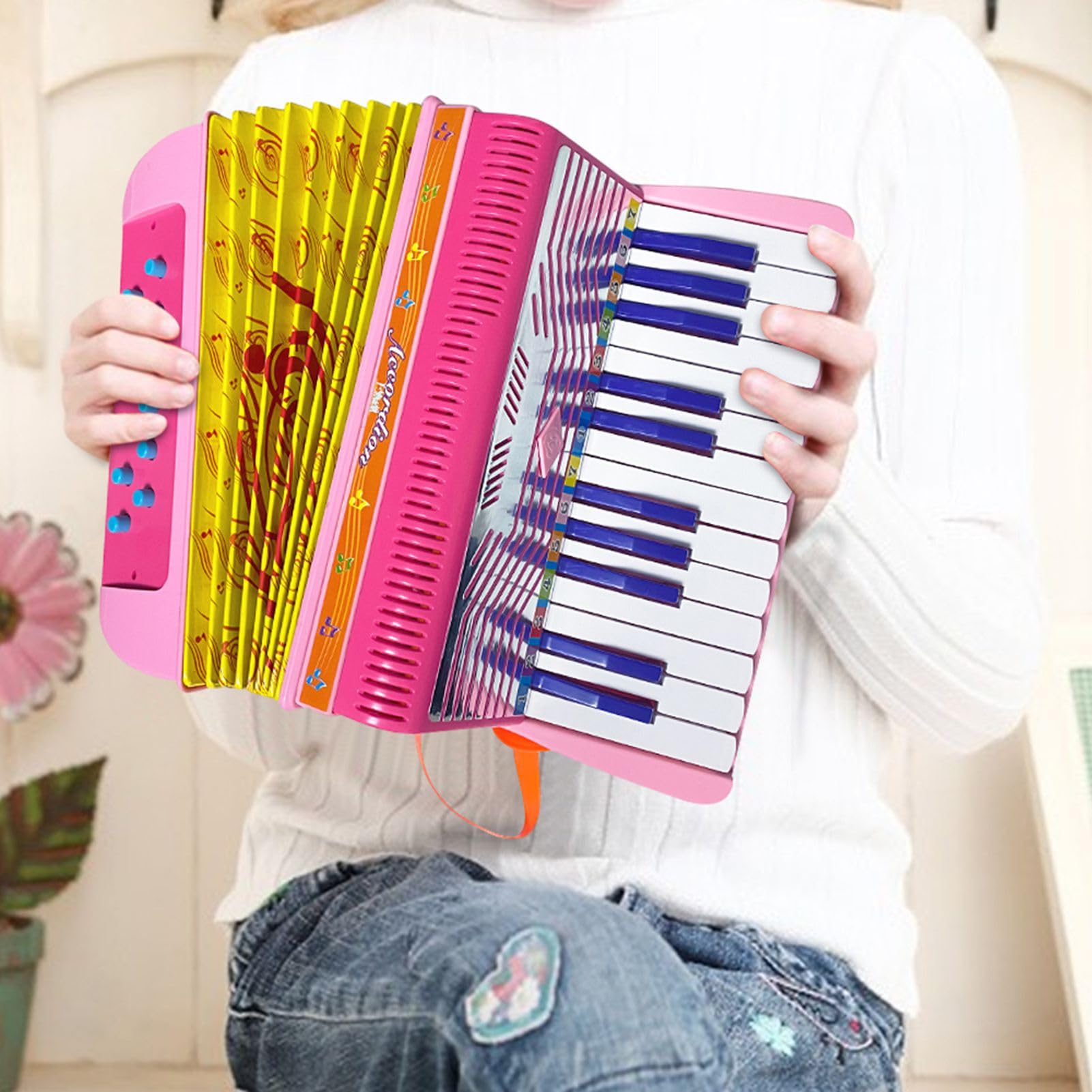 SEAFRONT Akkordeon, 24 Tasten, 12 Bässe, ABS, Tragbare Knopfkonzertina mit Schnalle für die Musikausbildung, Bühnenaufführungspraxis (Grün/Pink) (PINK)
