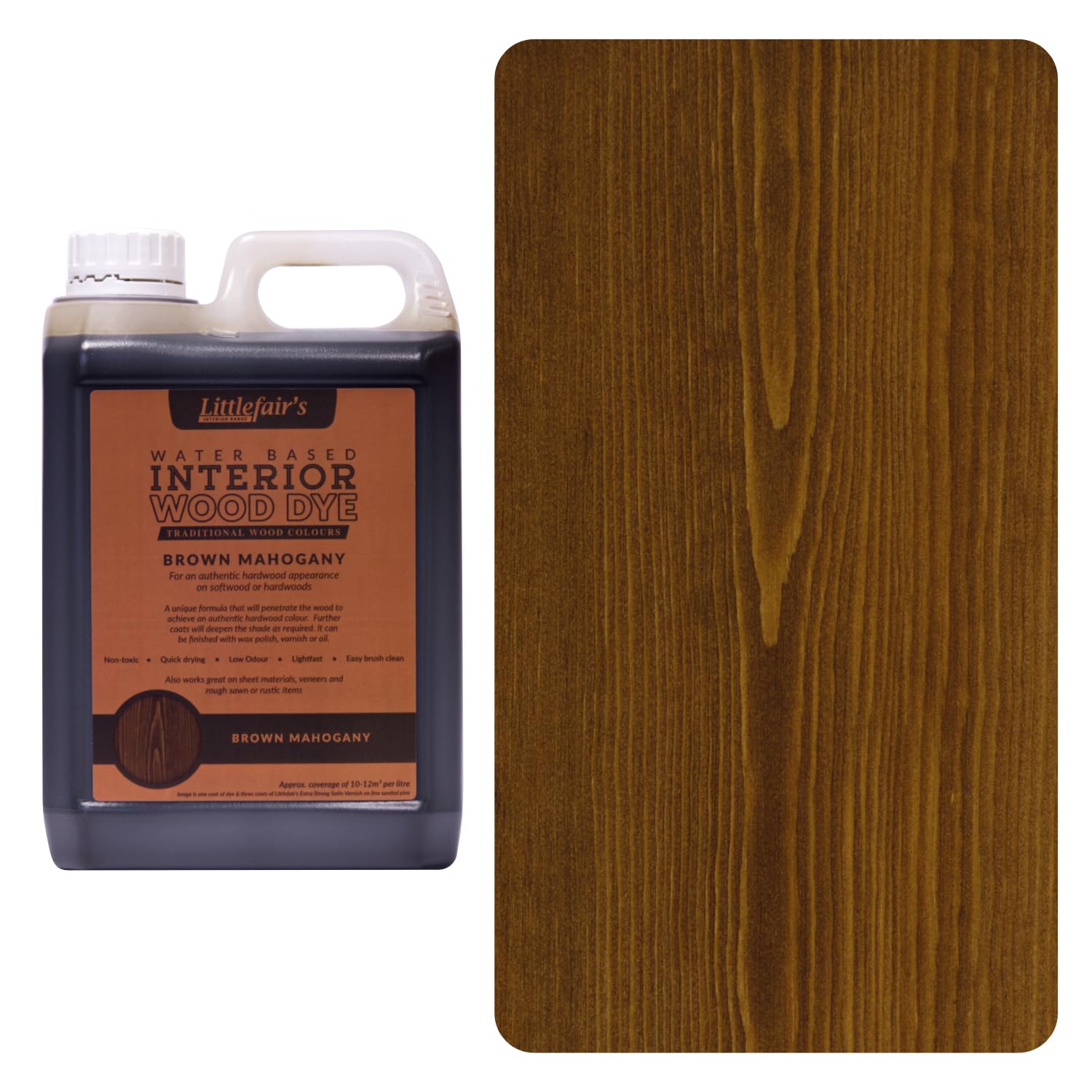 Littlefair's Wood Stain Water Based - 5 LTR - Indoor Furniture Stain Light & Dark Finishes - Special Non Toxic & Eco Friendly Formula - Wood Stain for Crafts - Colour: Brown Mahogany