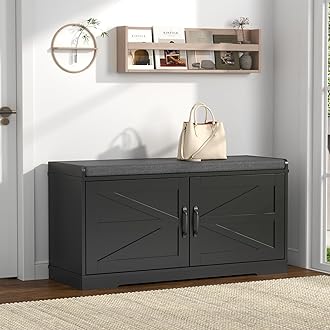 Loomie Shoe Storage Bench, 2-Tier Farmhouse Entryway Bench with Padded Seat Cushion, 13.78" D x 39.37" W x 19.69" H, Slim Shoe Cabinet Bench for Entryway, Living Room, Bedroom (Black)