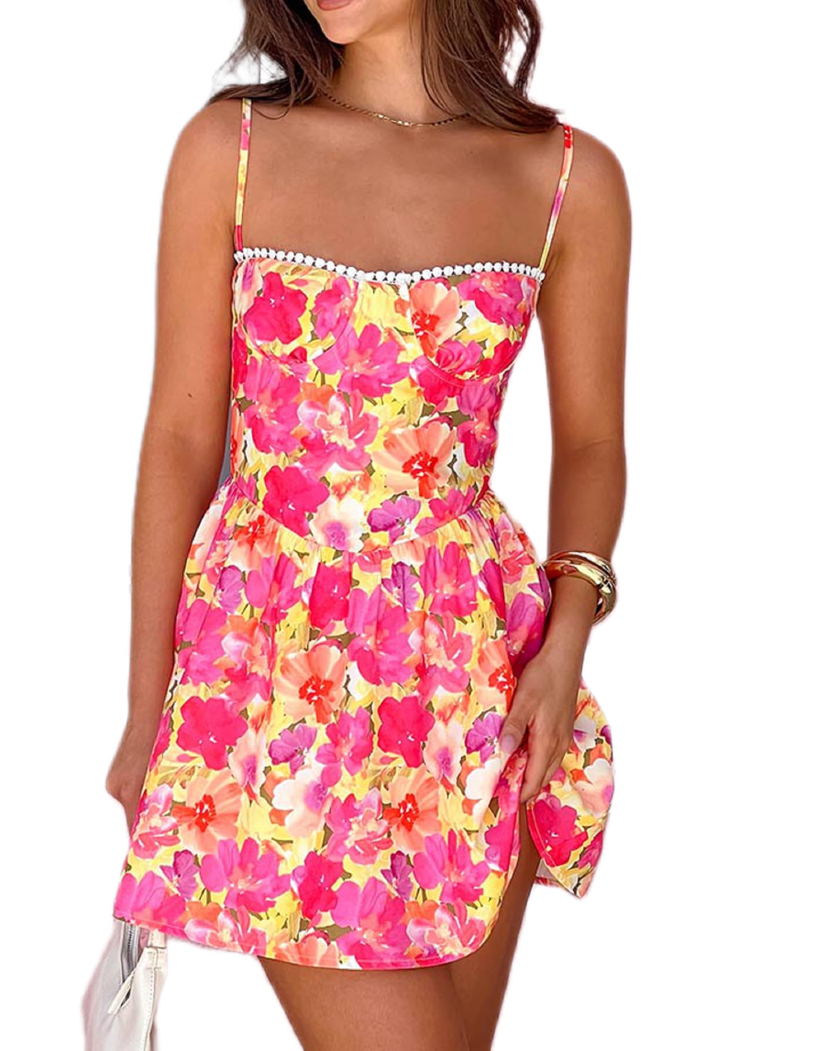 Women Boho Floral Cami Mini Dress Spaghetti Strap Printed A Line Short Dress Graffiti Cut Out Colorful Summer Dress