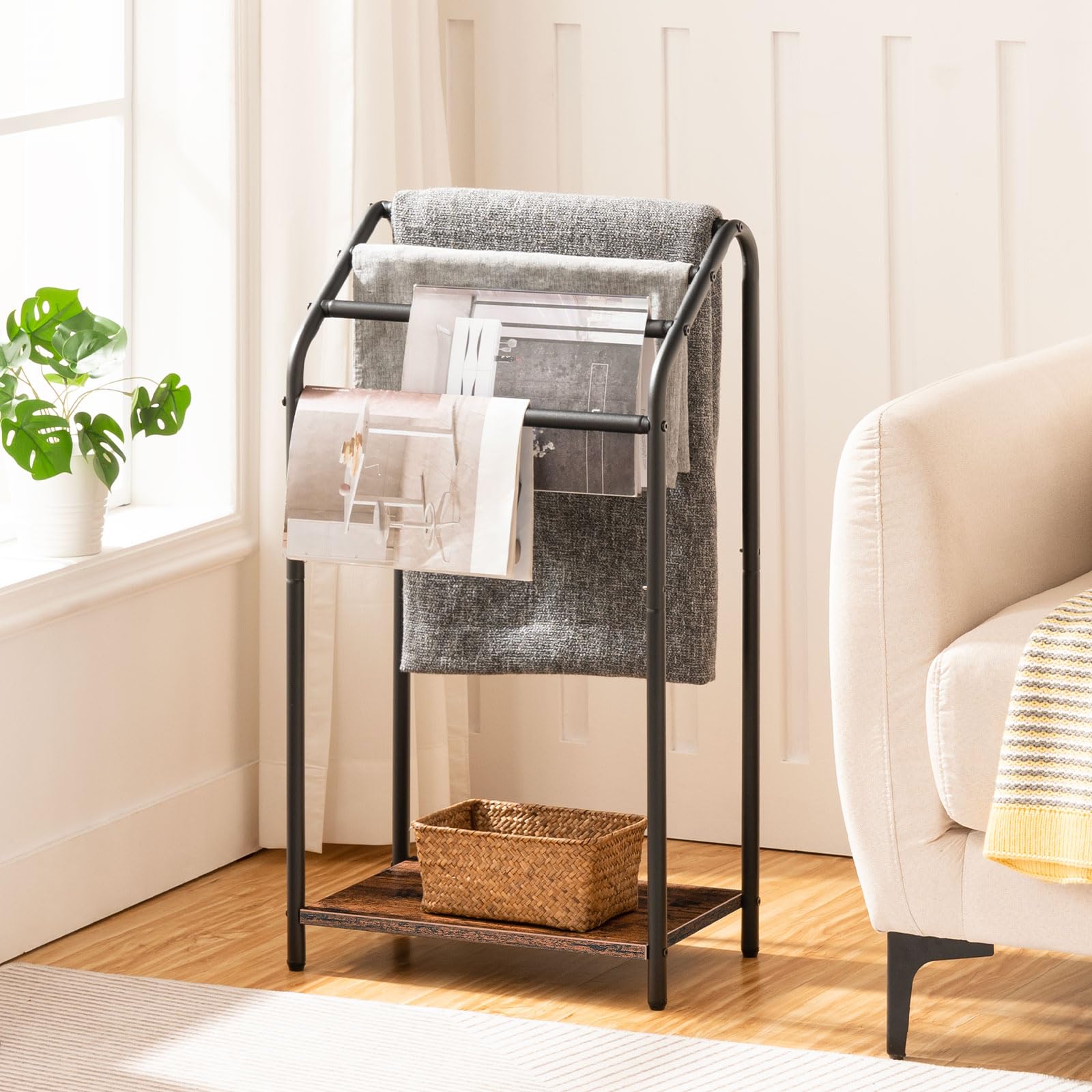 HOOBRO Porte-Serviettes, Barre de Séchage, Porte-Serviettes sur Pied, avec 4 Barres et Planche, Petits Espace, Stable, pour Salle de Bain, couvertures, journaux EBF64LB01