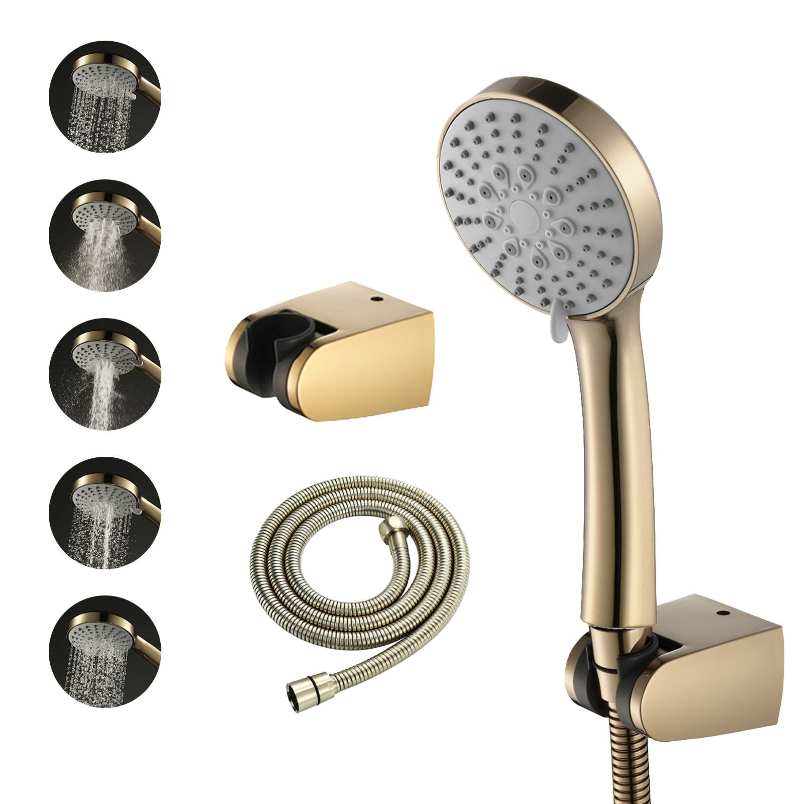 Alcachofa de Ducha Oro Cepillado con 5 Modos de Chorro, Cabezal de Alta Presión con Soporte y Flexo INOX de 1,5m, Duchas de Baño para Baño y Bañera, Ideal para Familias y Hoteles