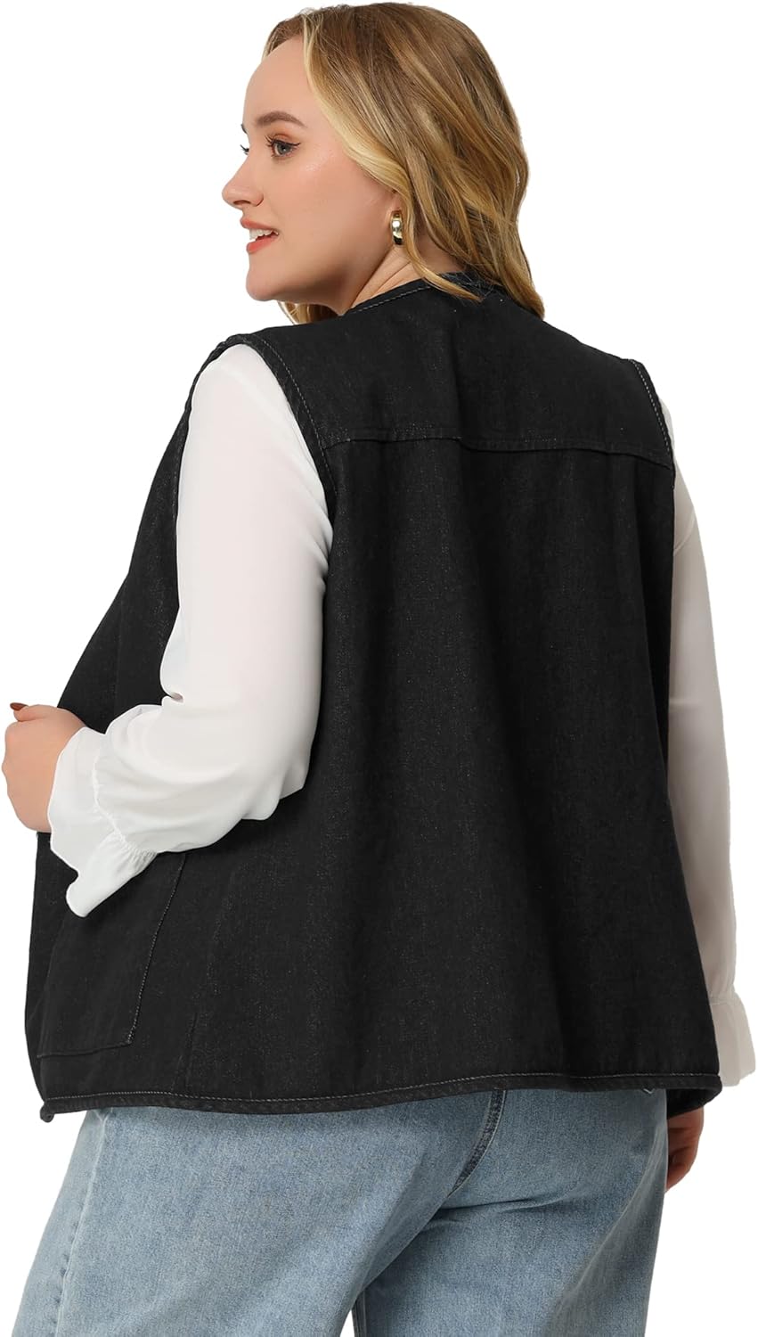 Agnes Orinda Plus Size Denim Vest Top for Women Button Down V Neck Waistcoat Sleeveless Jean Jacket Vests - Image 4