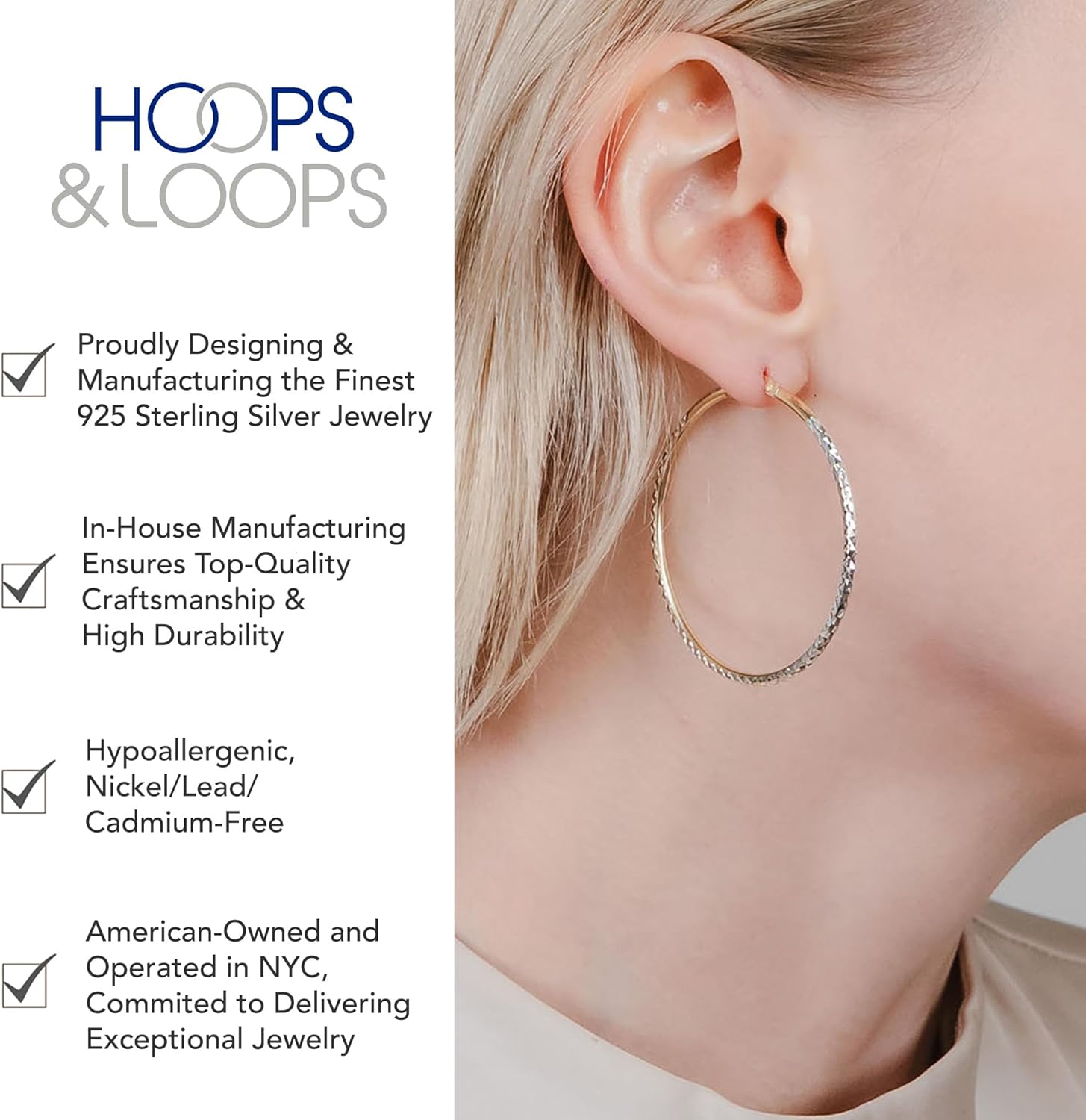 Hoops & Loops - Sterling Silver 45mm Two Tone Diamond Cut Click Top Hoop Earrings in Sterling Silver & Yellow Gold Flash Plated