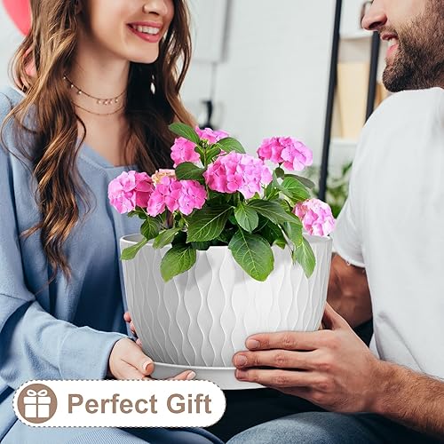 Miniatura 5 de Macetas Grandes de 12 Pulgadas para Plantas de Interior o Exterior, Macetas de Flores con Amplias Ondas de Agua, con Agujeros de Drenaje y Platillo,