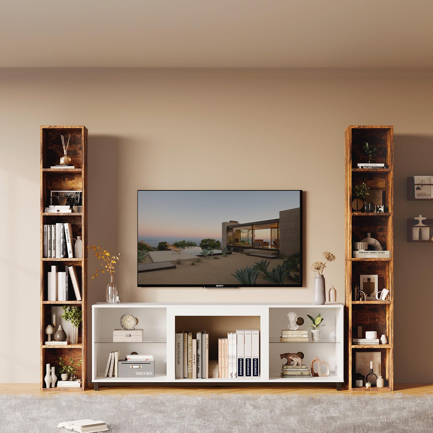 oneinmil Estantería de Libros,Estantería Columna Vertical con 6 Cubos,Estantería,Organizador con Compartimentos,para Oficina,Sala de Estar,Salón,Dormitorio,23.5 x 30 x 181 cm,Marrón