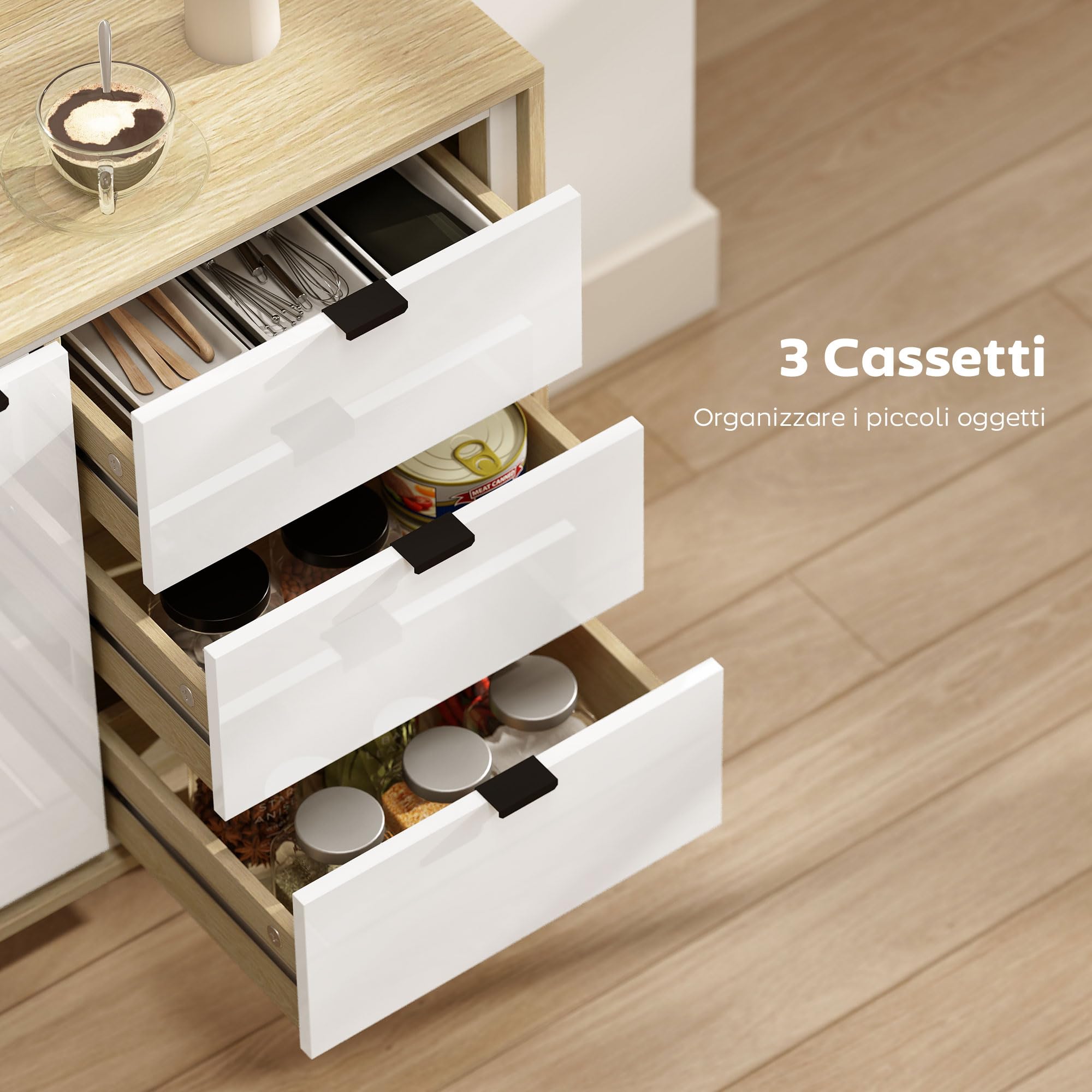 HOMCOM Credenza Cucina con 3 Cassetti e Armadietto, Mobile Cucina Moderno con Ripiano Regolabile, Credenza Buffet per Soggiorno, Sala da Pranzo e Salotto, 80x35x77 cm, Bianco Lucido e Rovere