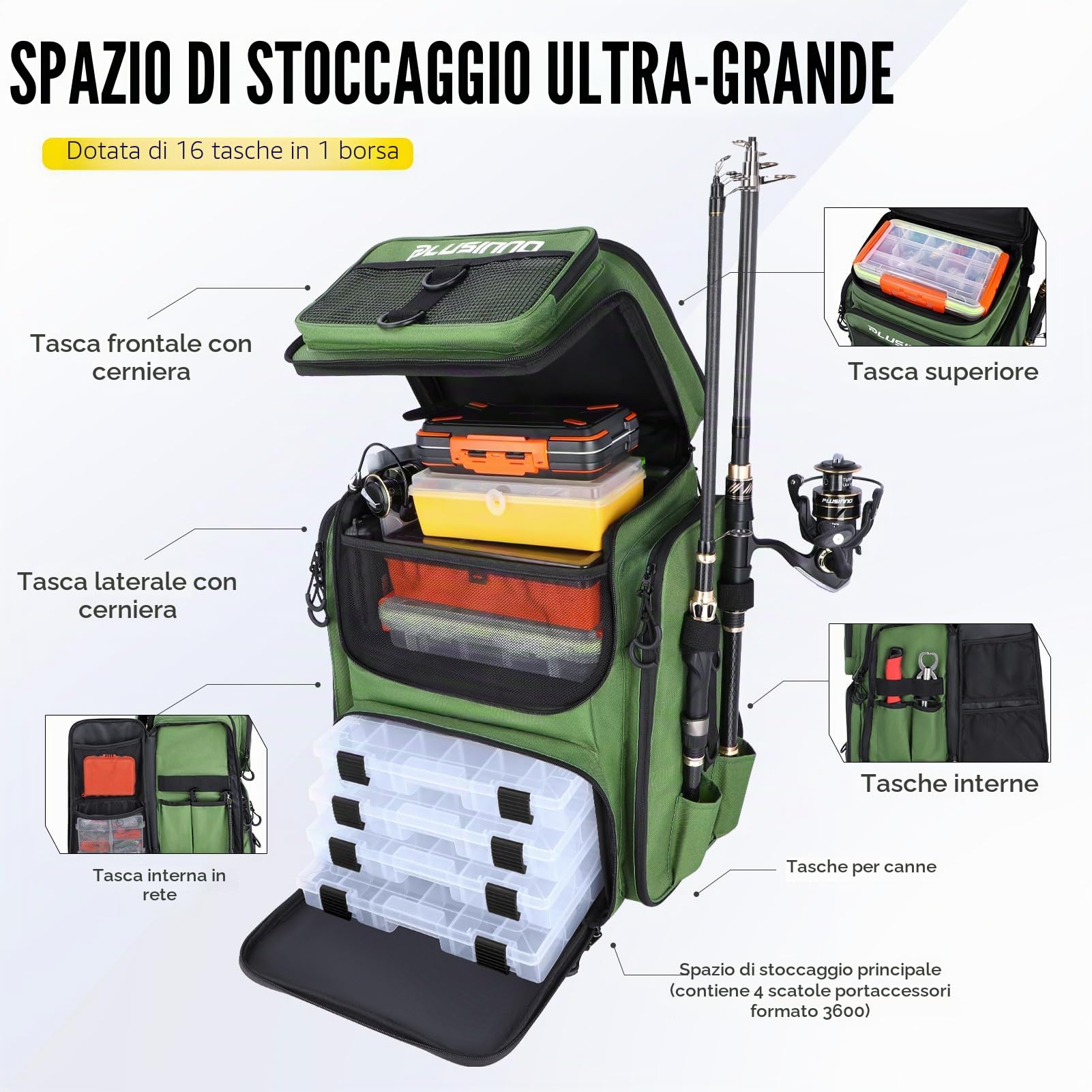 PLUSINNO Zaino per attrezzatura da pesca con porta canne - Verde