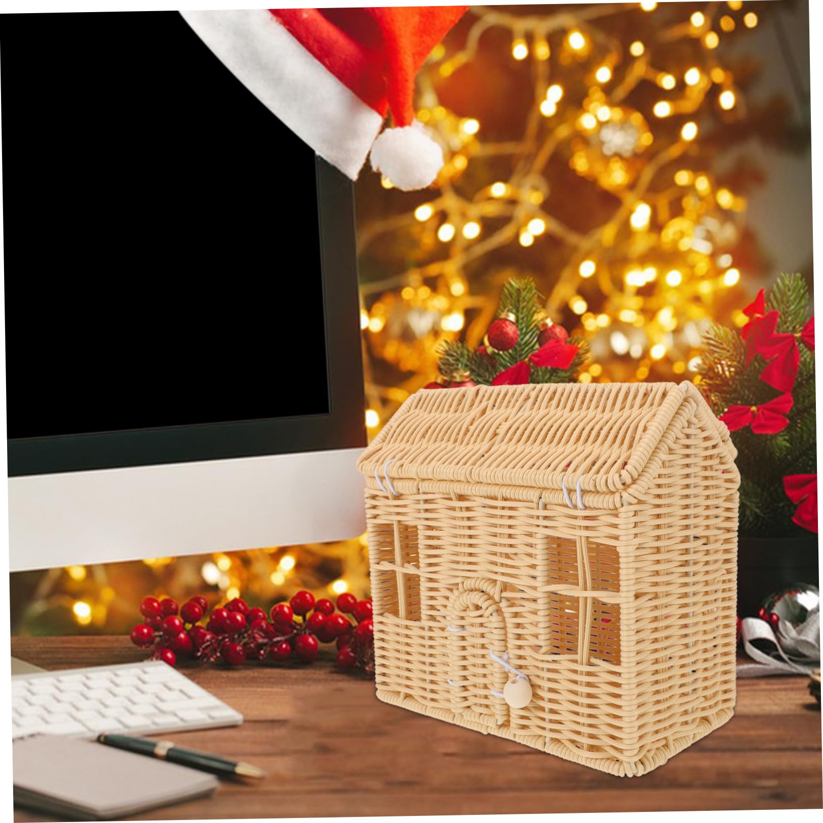 GALPADA Cesta de Dulces Navideña Tejida Mano con Asa de Ratán Sintético Cesta de Casa Decorativa para Bodas Showers y Festividades
