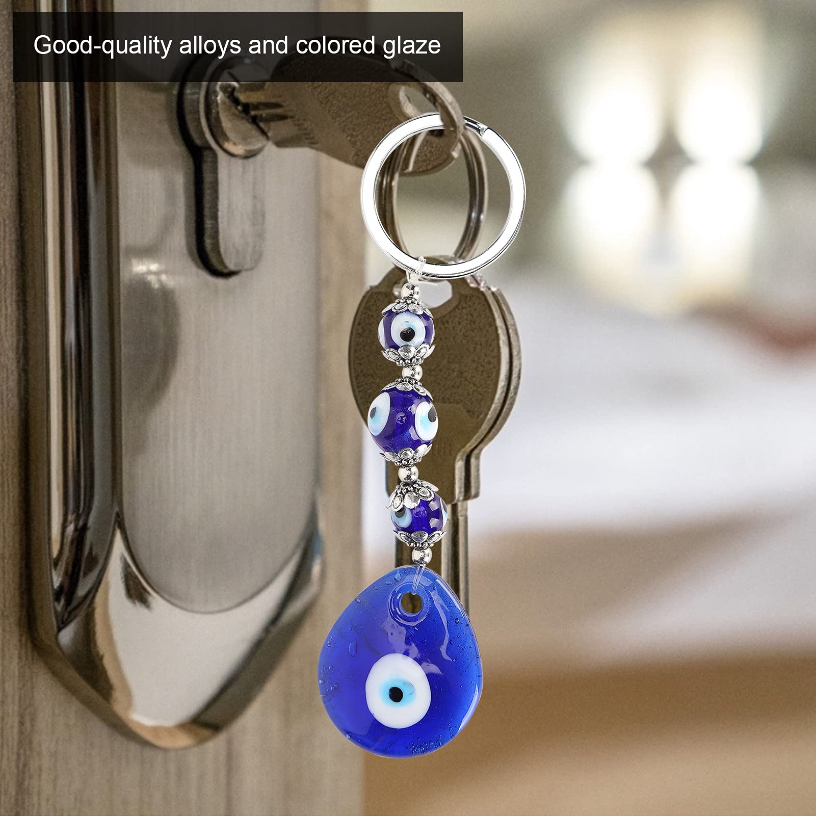Jiawu 2Pcs Evil Eye Keychains, Turkish Blue Evil Eye Charms Pendants Crafting Glass Beads Keychain with Keyring - Image 4