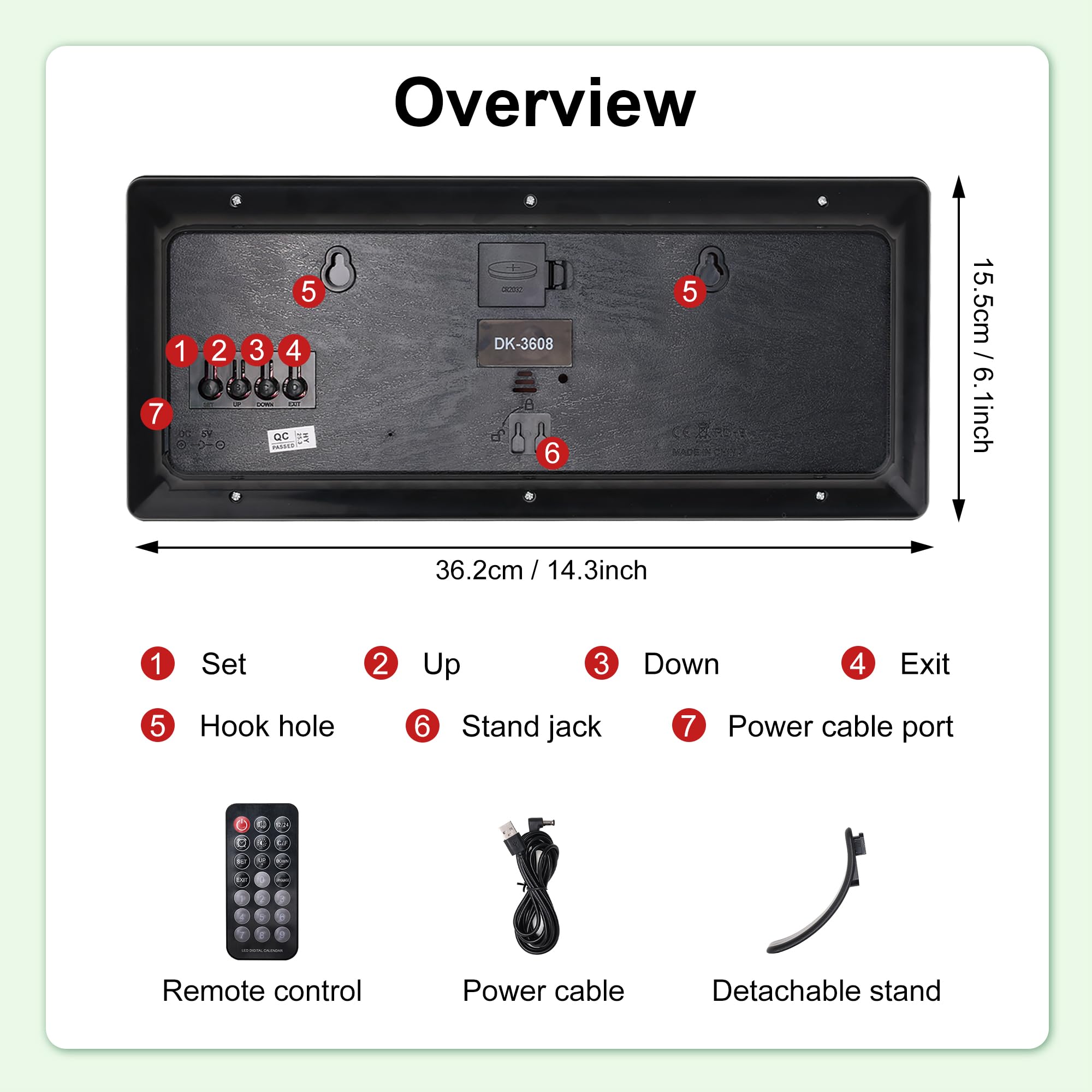 Lafocuse 15.5" Reloj de Pared Digital con LED Pantalla Grande, Silencioso Reloj Digital Sobremesa con Temperatura, Fecha, 2 Alarma, 12/24 Horas, Brillo Ajustable, para Salon Cocina Oficina, Rojo