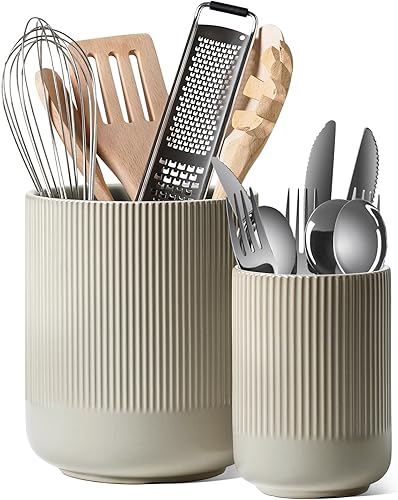 Miniatura 8 de LE TAUCI Portautensilios, 7.3"+5.4" Portautensilios de Cerámica para Cocina para Encimera, Recipientes Negros para Utensilios de Cocina para Esmalte