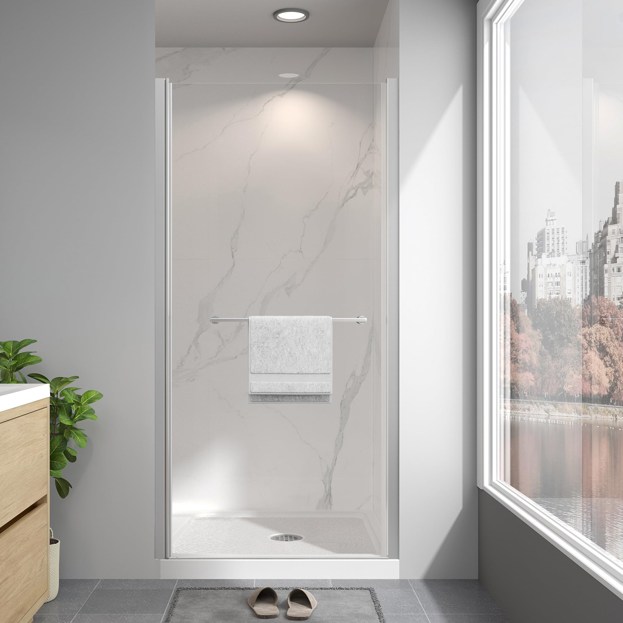 frameless pivot shower door 36"-38" w x 72" h, swing shower glass doors with nano explosion-proof film tempered glass 1/4"(6mm) reversible installtion, brushed nickel finish