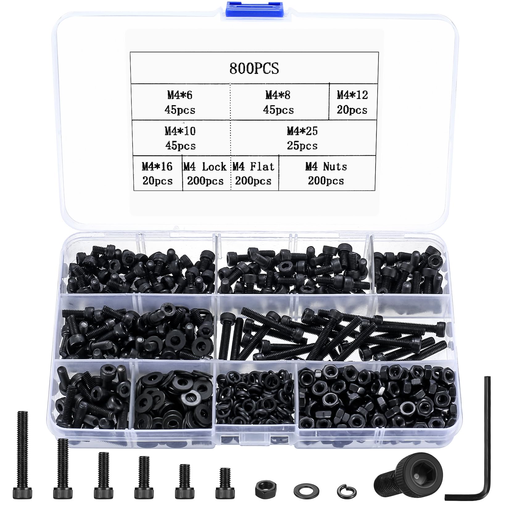 800 Pcs M4 Bolts and Nuts Set, Hex Socket Head Cap Screws Bolts and Nuts Set, M4 Black Machine Screws Assortment