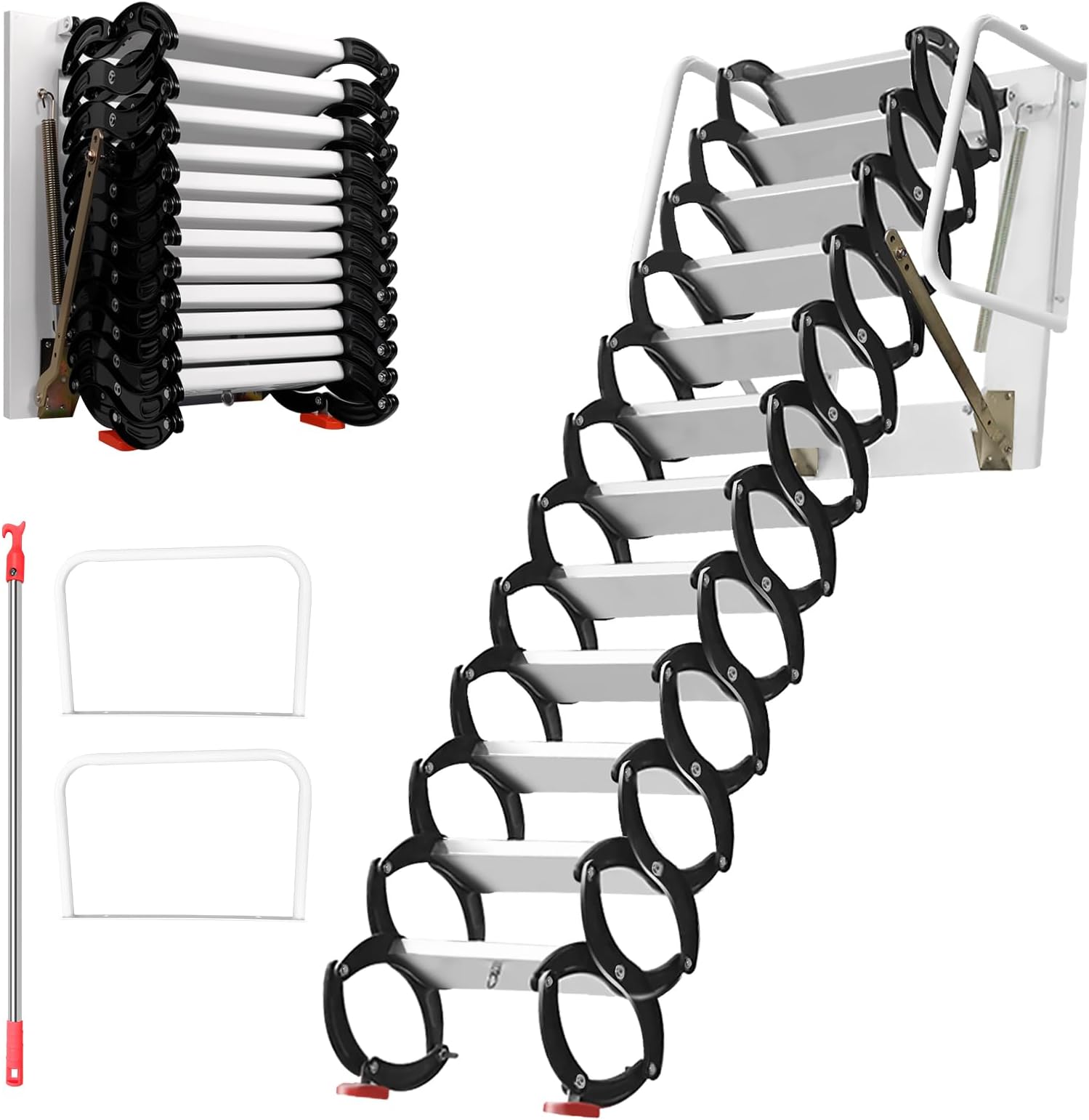 - 10FT Pull Down Attic Stairs, 12 Step Aluminum-Magnesium Alloy Loft Wall Mounted Stairs, Telescopic Fold Ladder for 27.5 x 23.6 Inch, Up to 880 lbs (Black+White)
