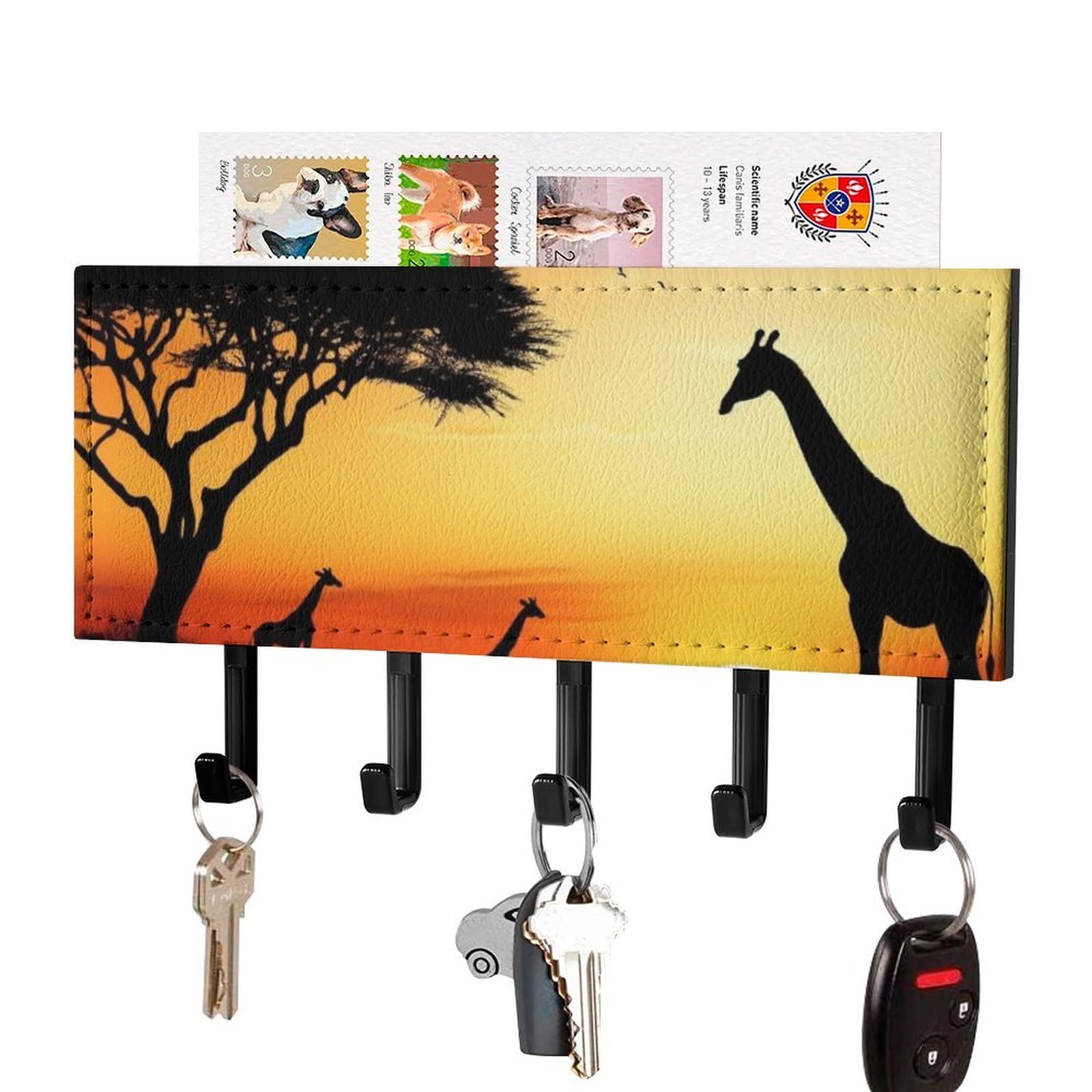 Fekiloot Black Giraffe Sunset Key Holder For Wall Adhesive, No Drilling, Key Hooks With 5 Hooks Wall Mounted, Self Adhesive Keys Rack For Entryway, Hallway, Living Room, Kitchen, Office