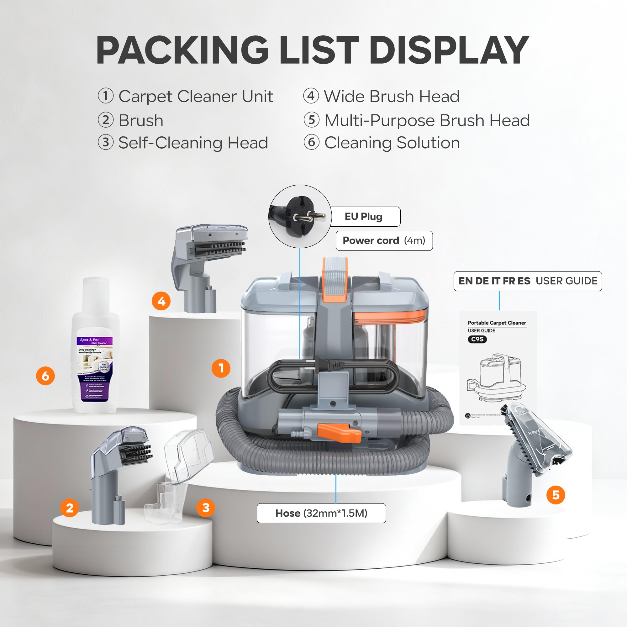 Lavatappeti 450W 13kPa, Lava Tappezzeria e Aspira per Divano, Tappeti e Auto, con 3 Spazzole e Sistema a Doppio Serbatoio Autopulente, Portatile Leggero 2,6kg