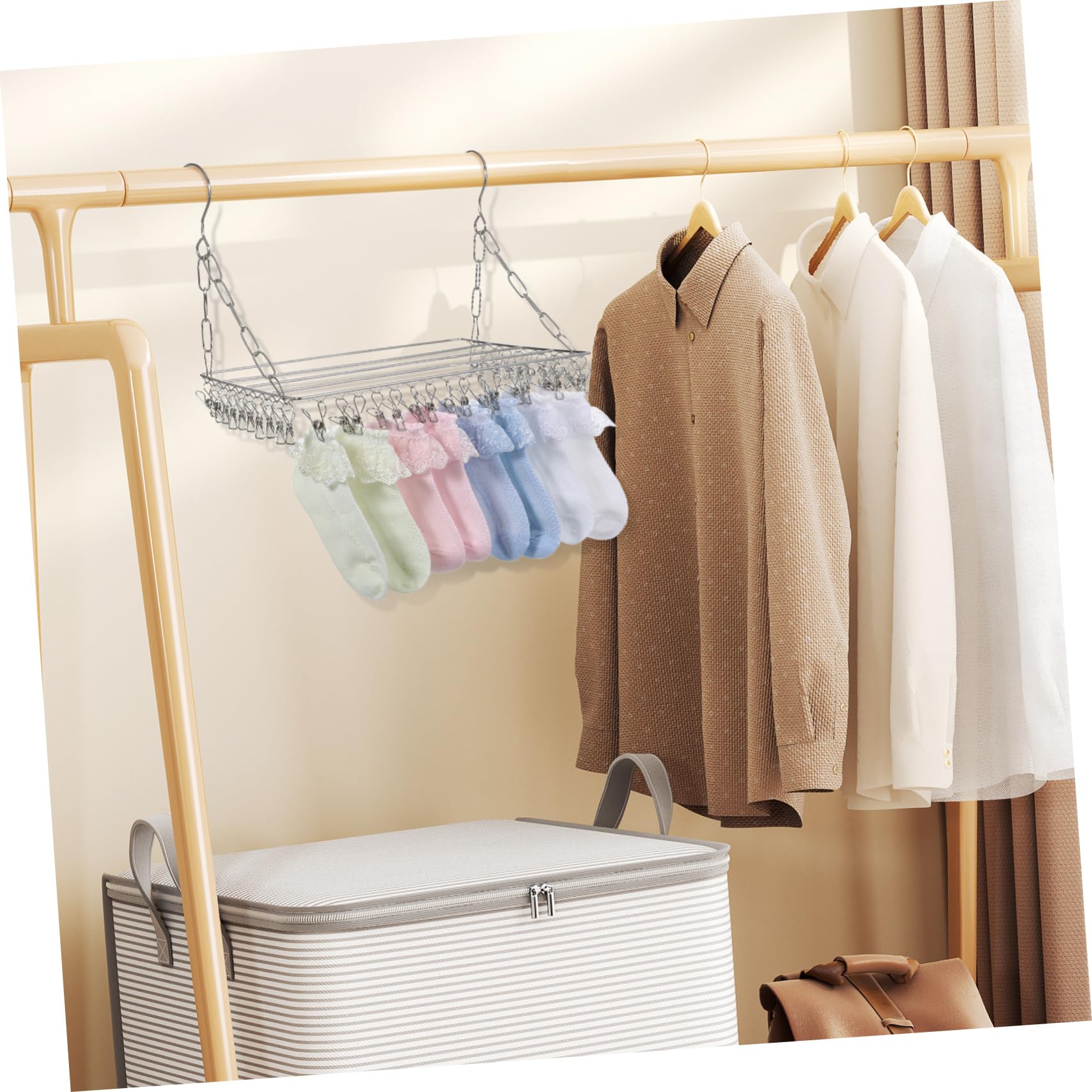 WOONEKY Stendibiancheria per Calzini e Cappelli con Clip in Acciaio Inox, Pieghevole e Resistente al Vento, Appendino Sospeso Salvaspazio per Asciugare Vestiti e Accessori in Casa