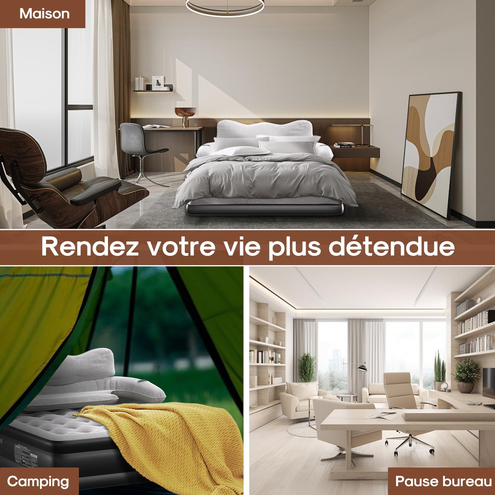 ICEPURE Matelas Gonflable 2 Personnes, 150x200x46CM,Dossier Amovible, 300 kg, Matelas Autogonflant 2 Personnes de 4000mAh et éclairage, adapté à la Peau, Robuste et Portable.