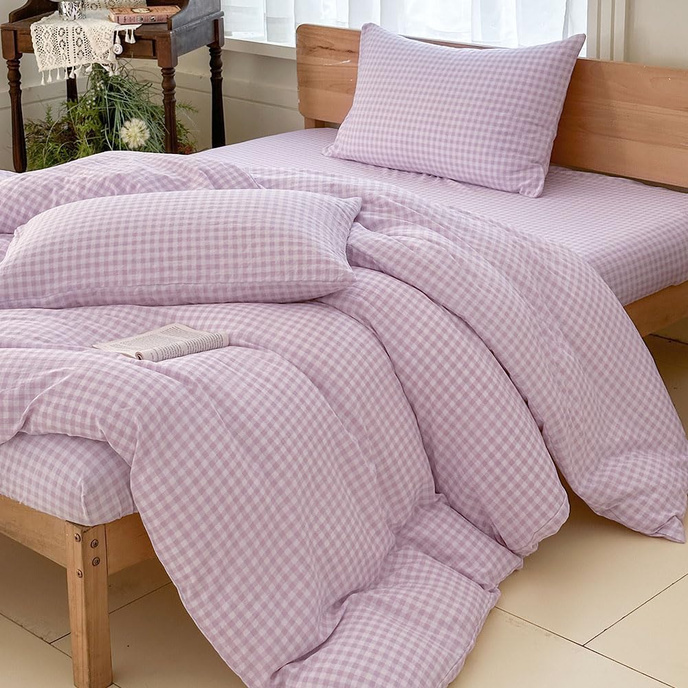 NSNLGSGC Purple Gingham Duvet Cover Set Queen, Grid Simple Geometric Square Pattern Comforter Cover,Soft Plaid Washed Microfiber Bedding Cover(3PCS,Queen)